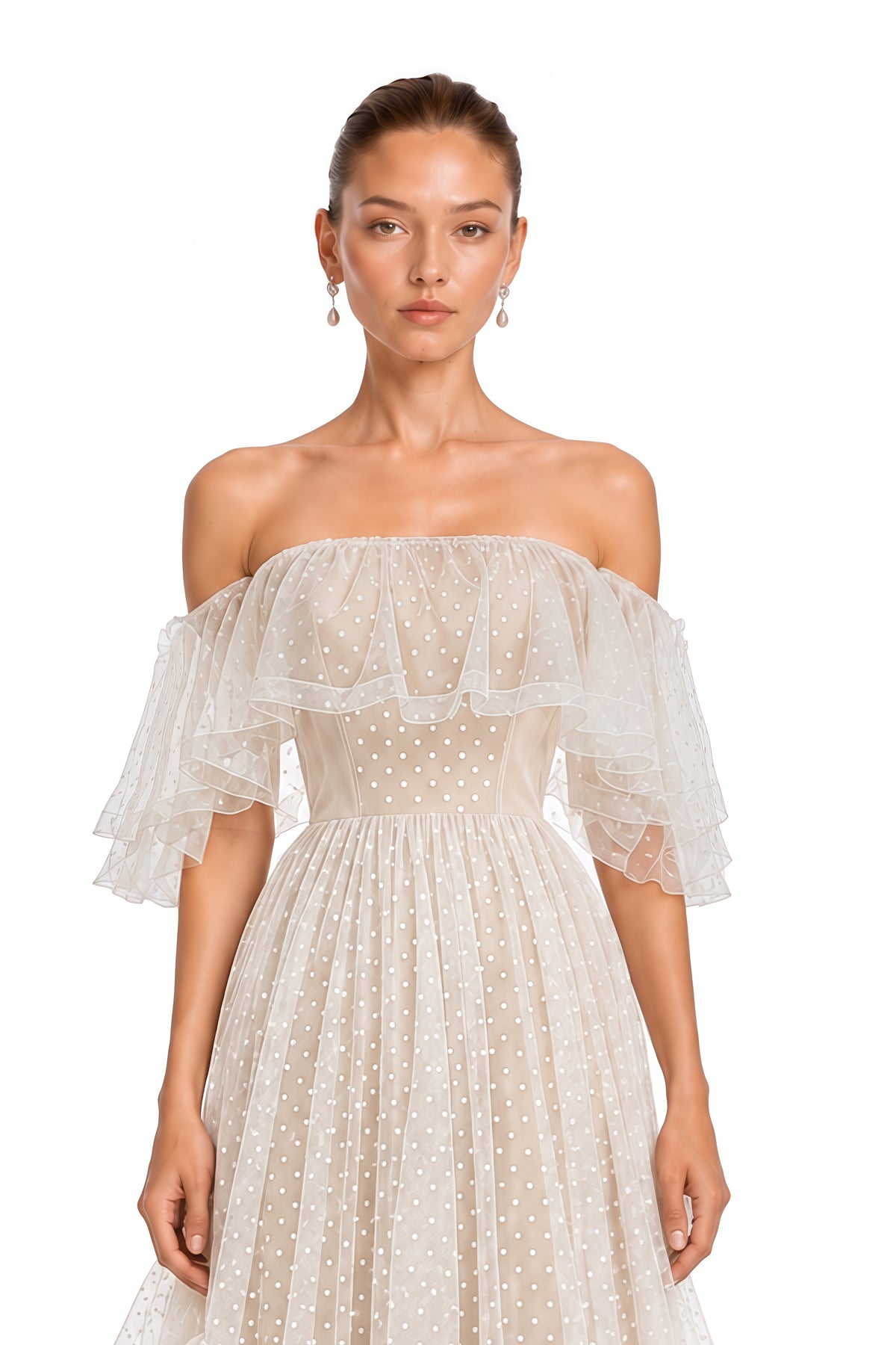 amabel ivory polka dot ruffle off shoulder maxi dress