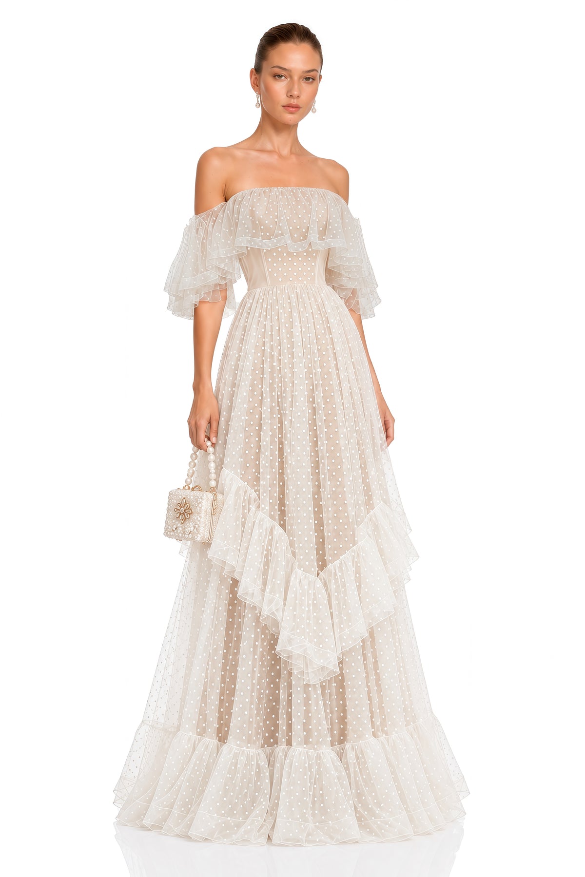 amabel ivory polka dot ruffle off shoulder maxi dress