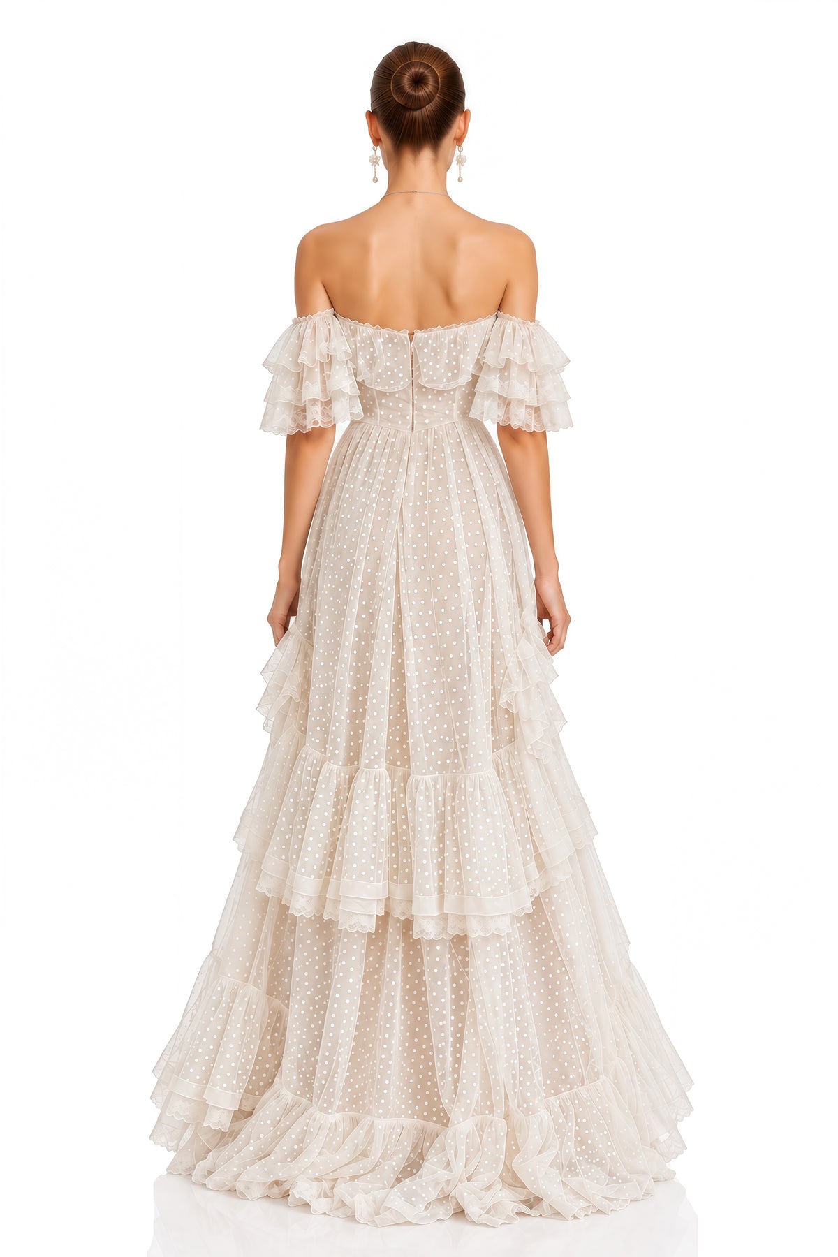 amabel ivory polka dot ruffle off shoulder maxi dress
