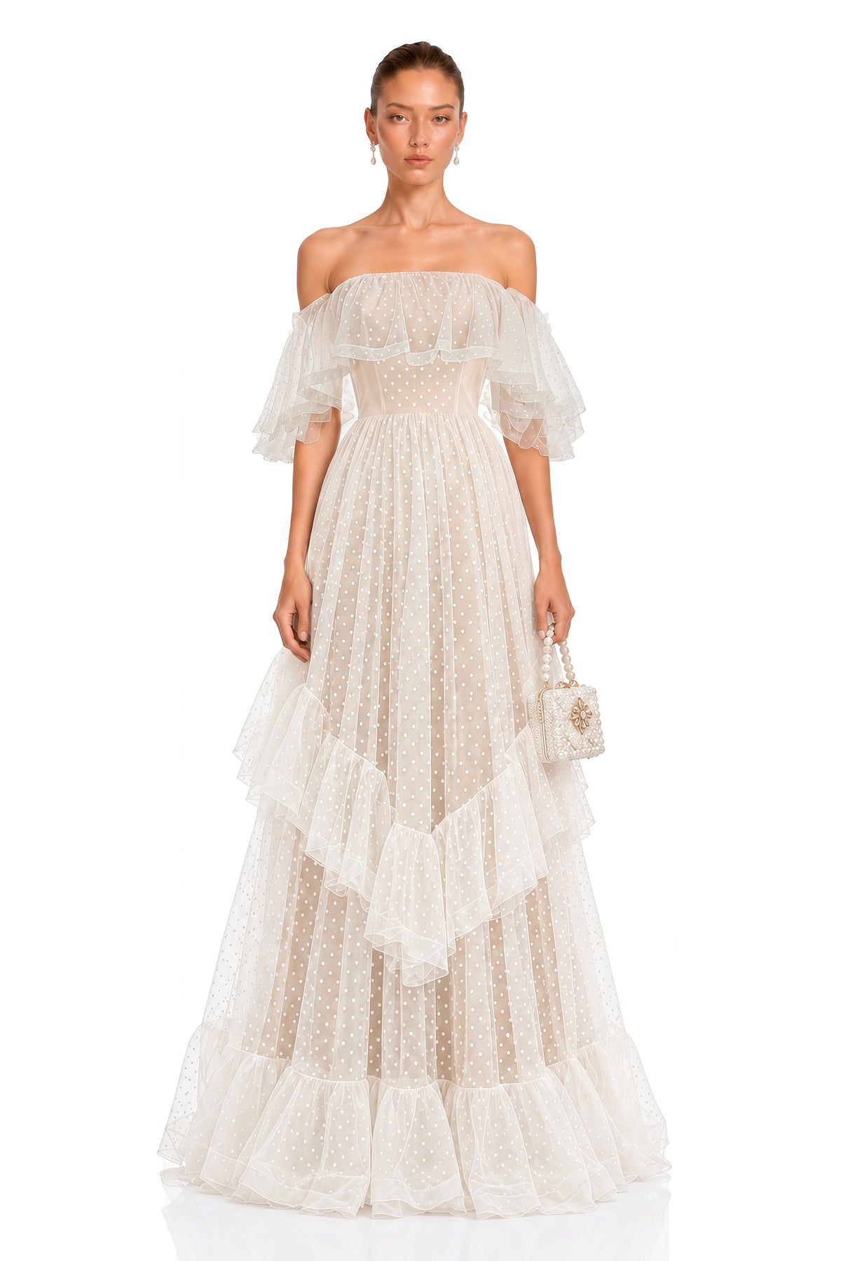 amabel ivory polka dot ruffle off shoulder maxi dress