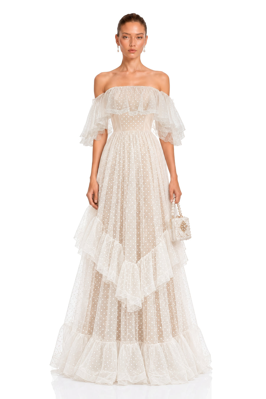 amabel ivory polka dot ruffle off shoulder maxi dress