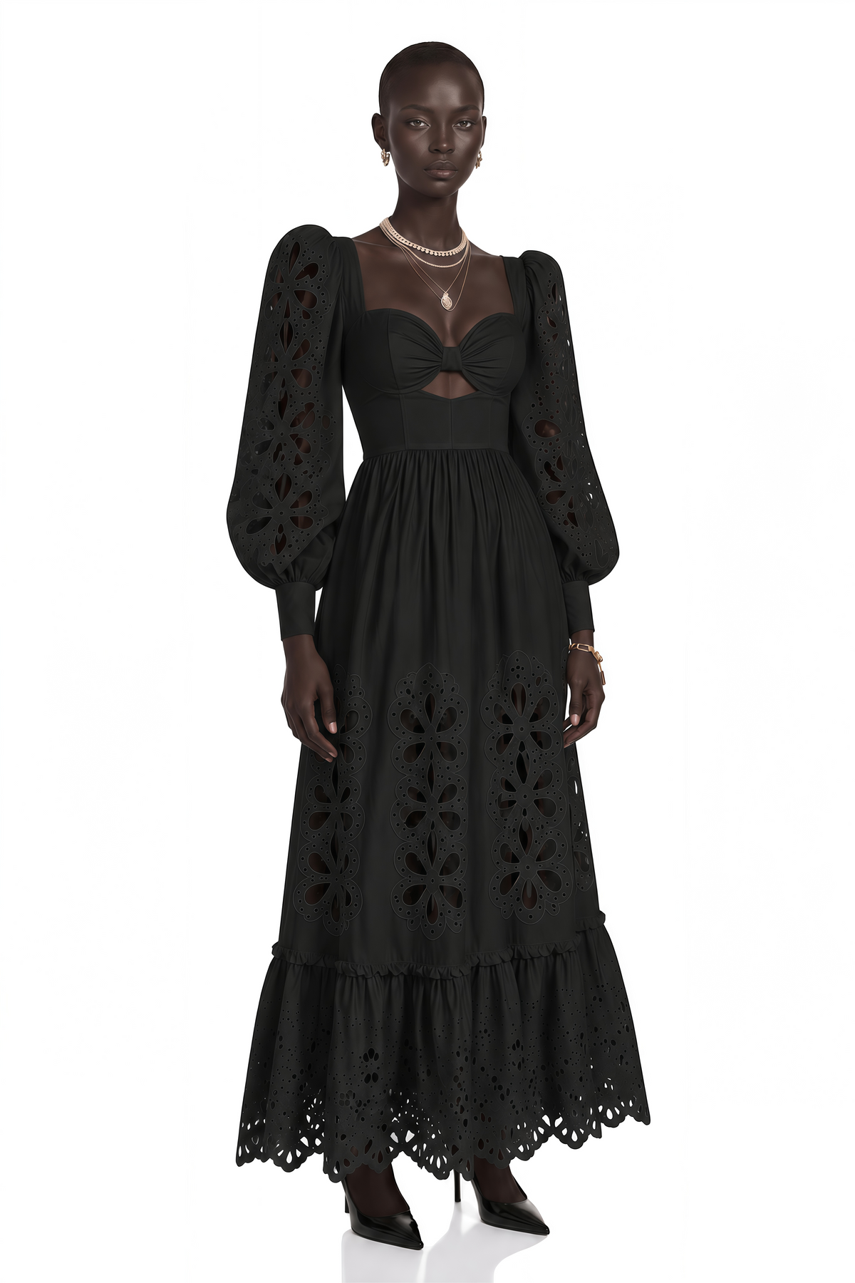 amandine black cut-out puff sleeve maxi dress