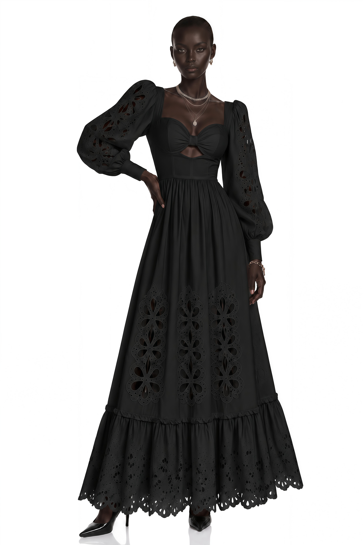amandine black cut-out puff sleeve maxi dress