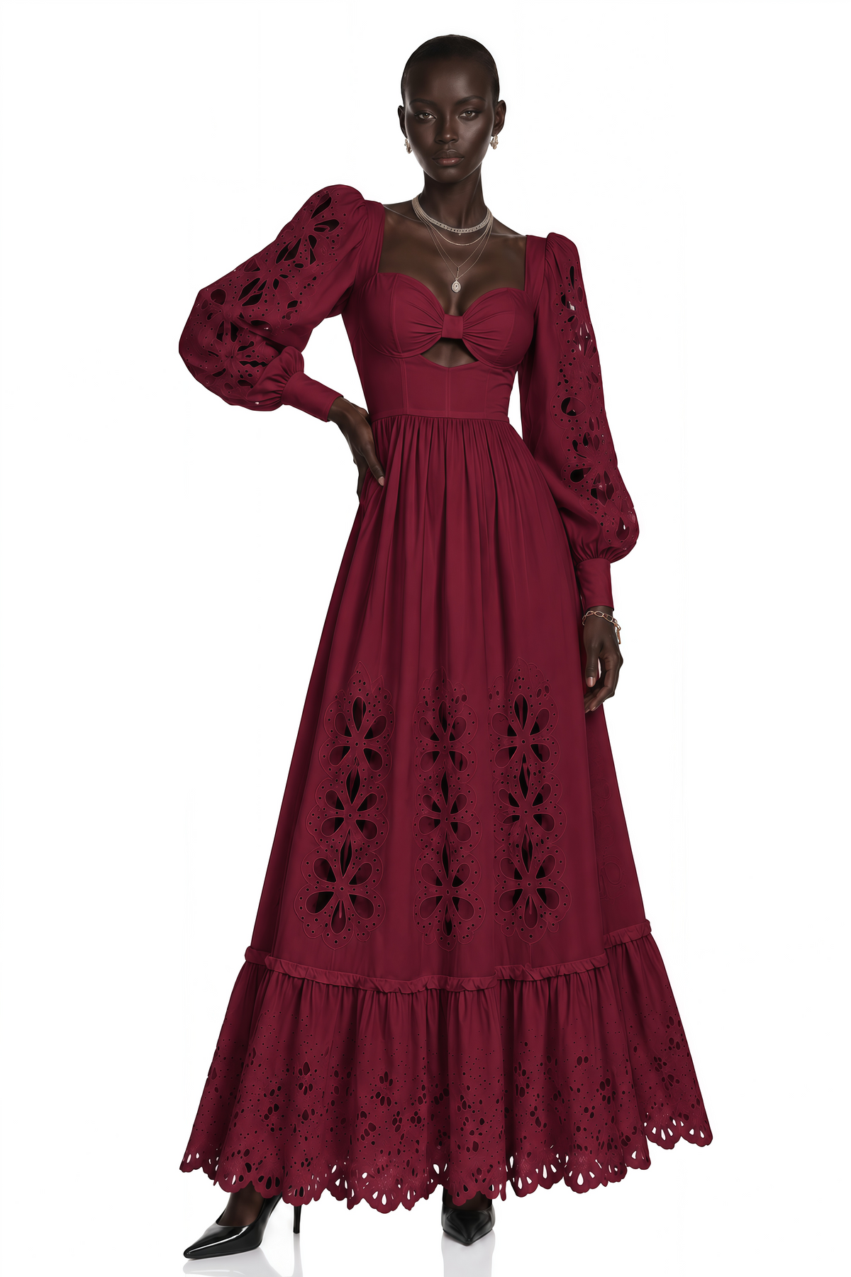 amandine red cut-out puff sleeve maxi dress