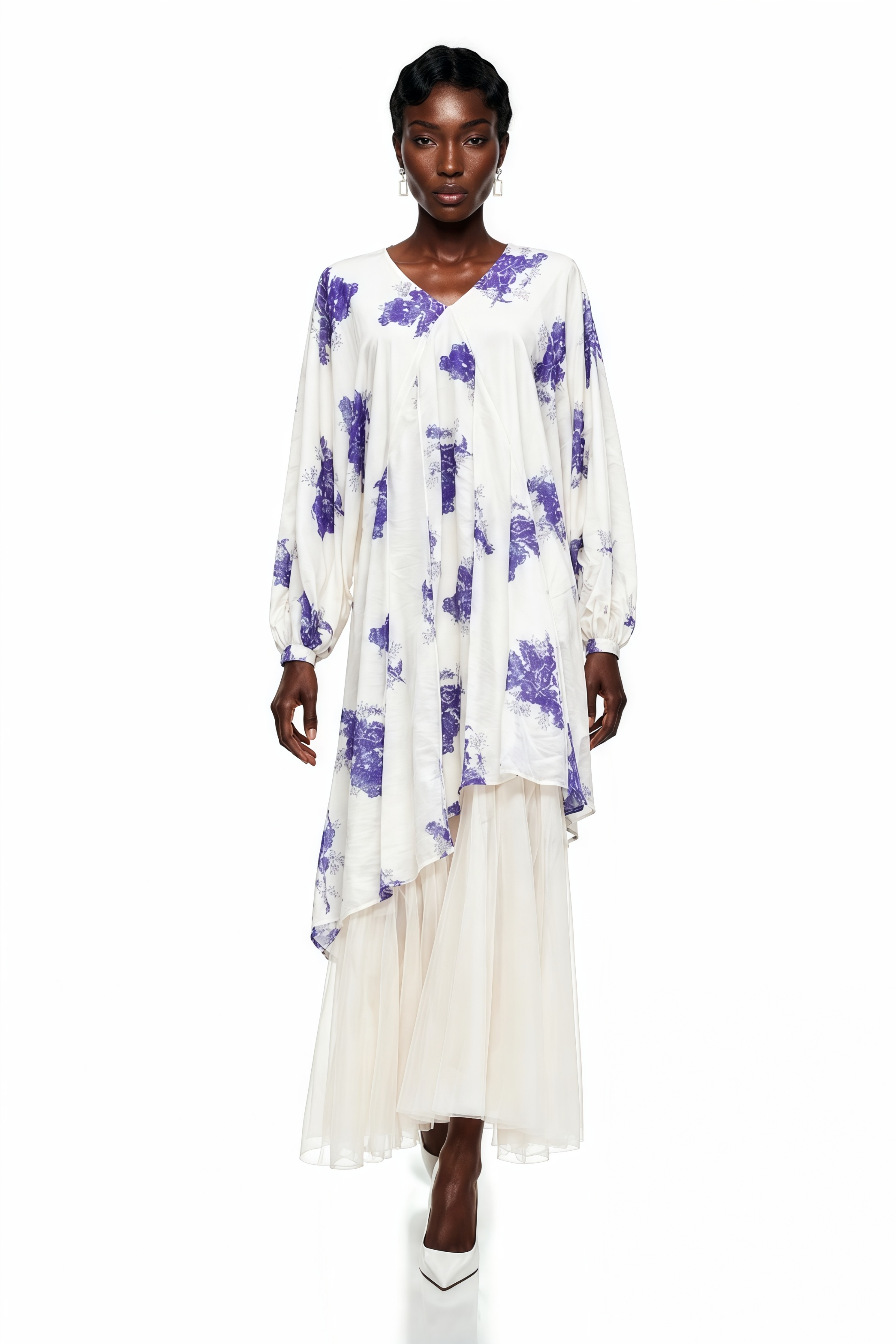 Amara White Floral Print Asymmetrical Maxi Dress