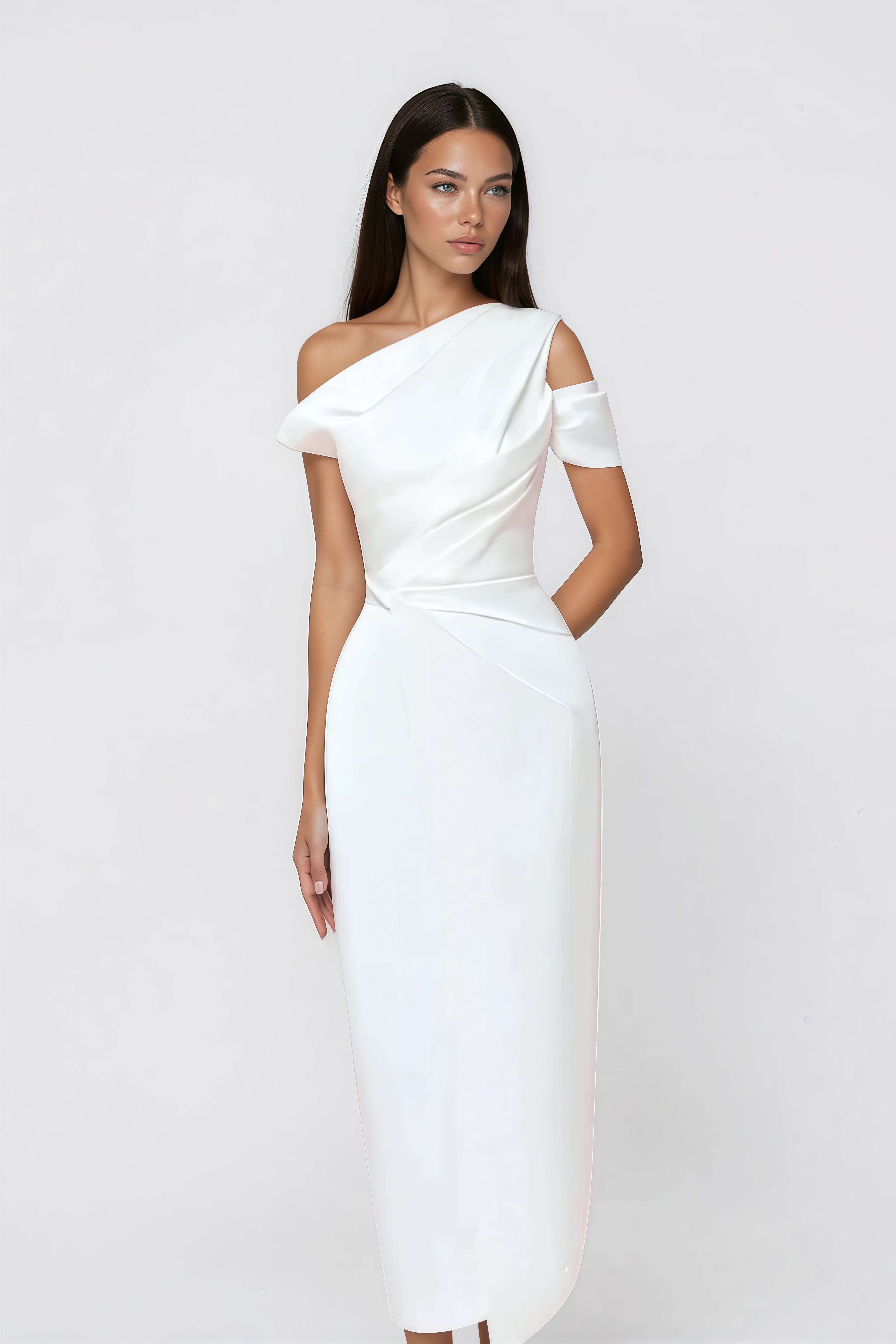 Amarante White One Shoulder Asymmetrical Midi Dress