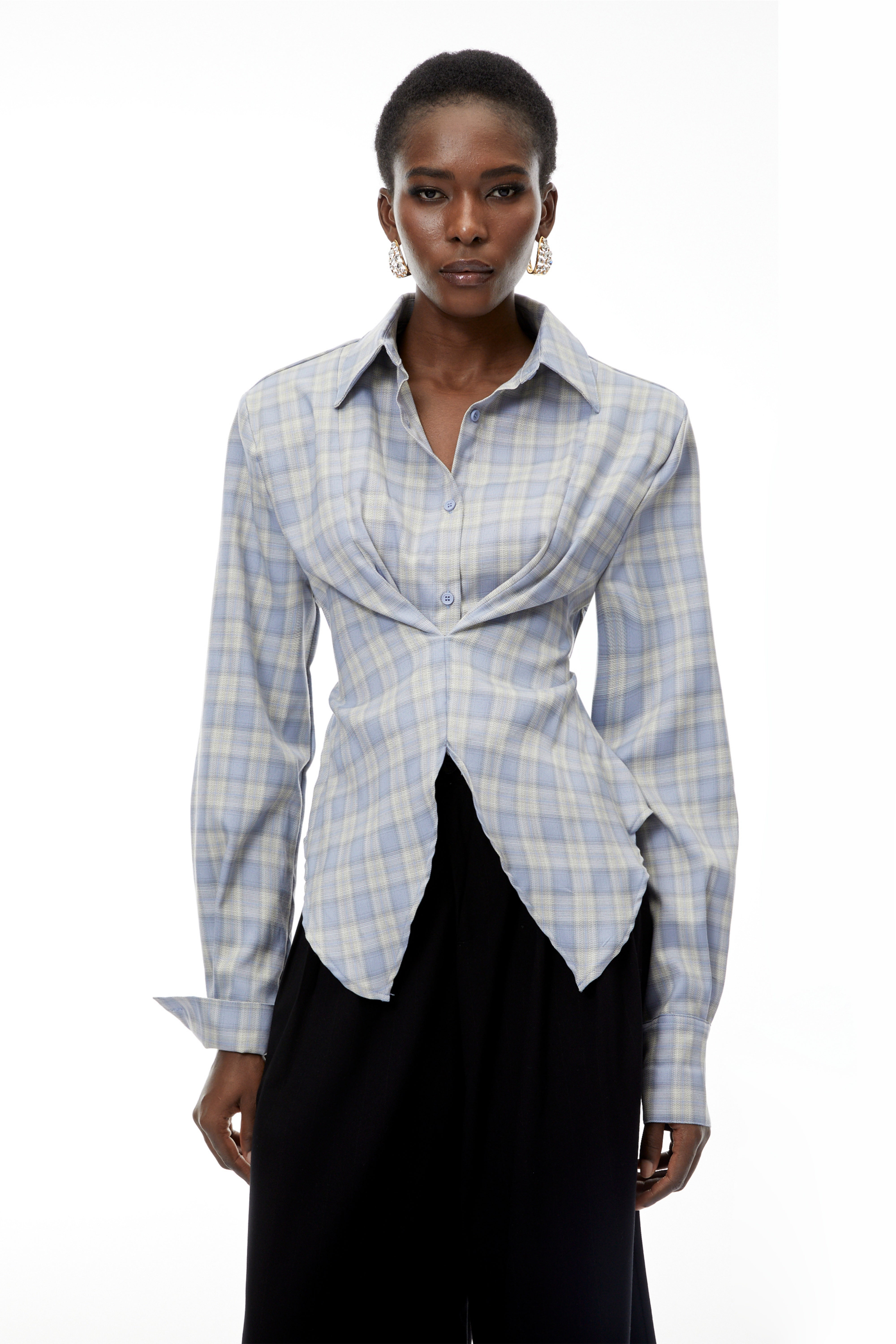 Amber Blue Plaid Tailored Cutout Blouse