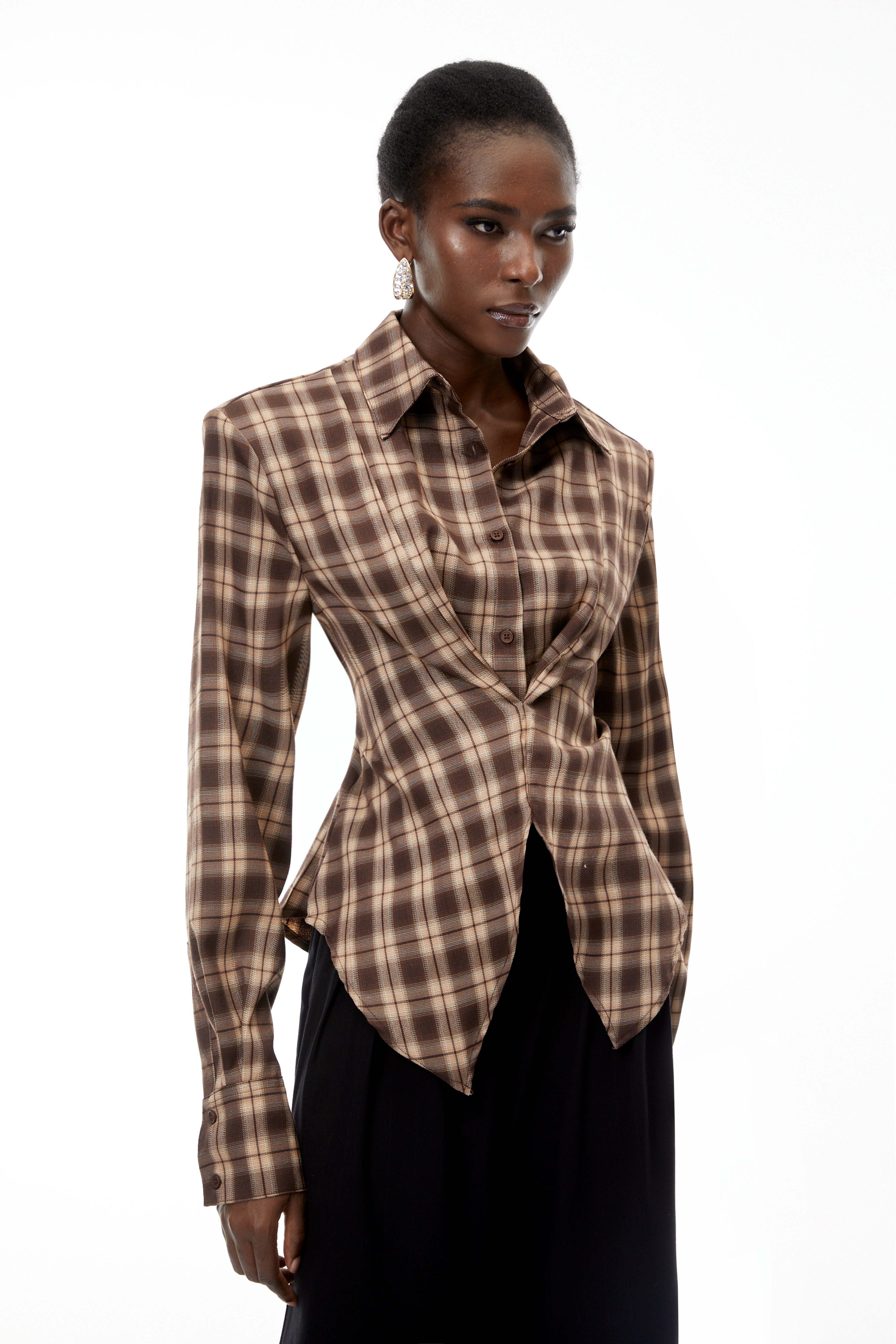Amber Reddish-Brown Plaid Tailored Cutout Blouse