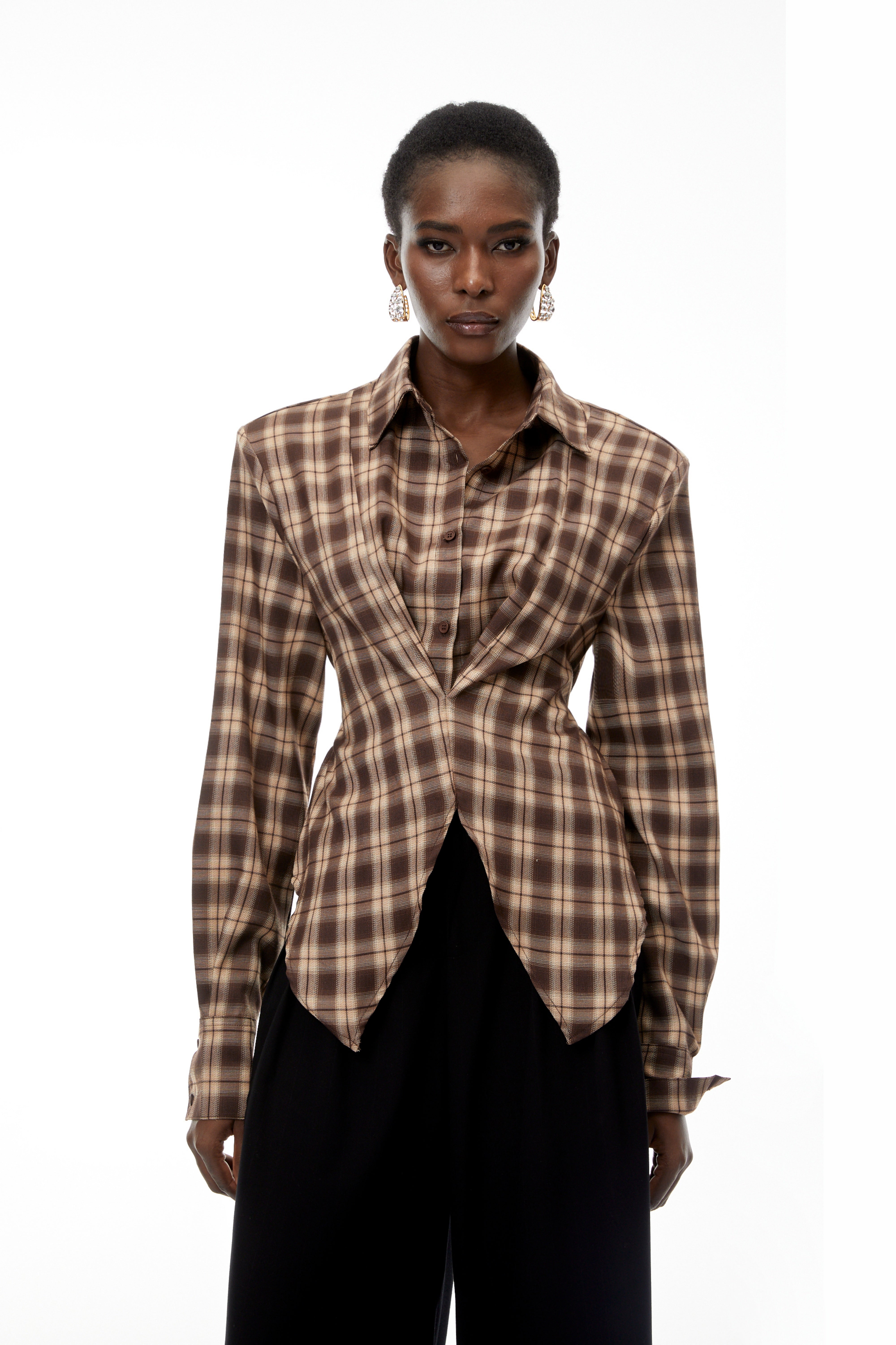 Amber Reddish-Brown Plaid Tailored Cutout Blouse