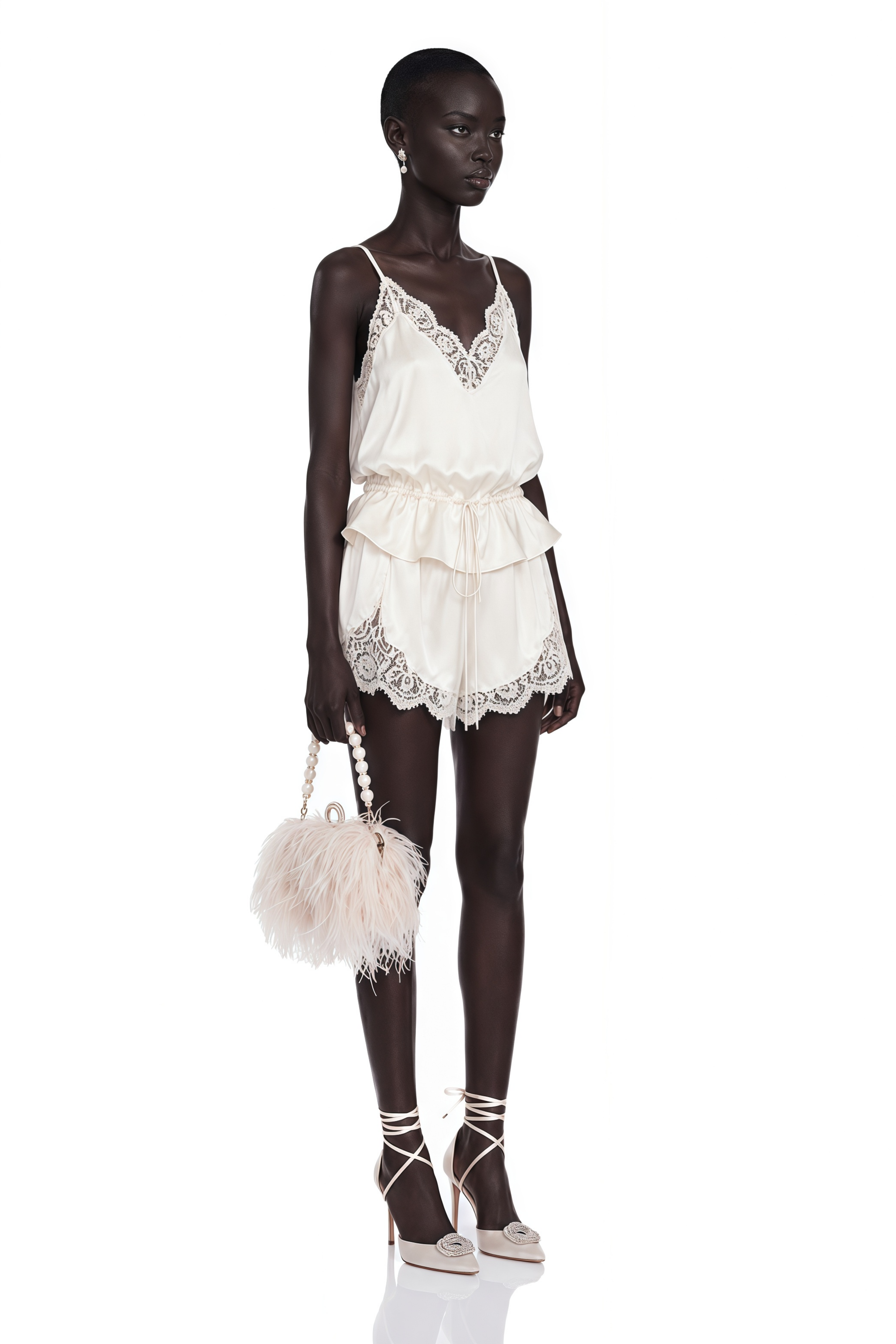 Ambre Ivory Satin Top & Shorts Set with Lace Trim