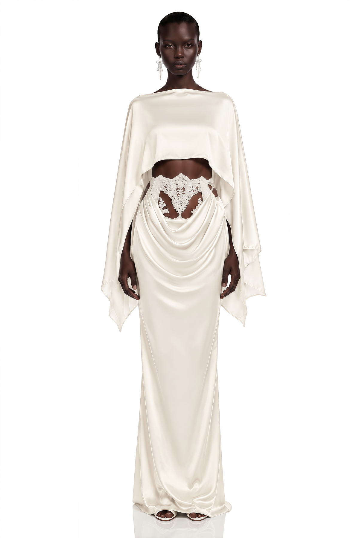 amelia white cape top & draped skirt set with lace panels