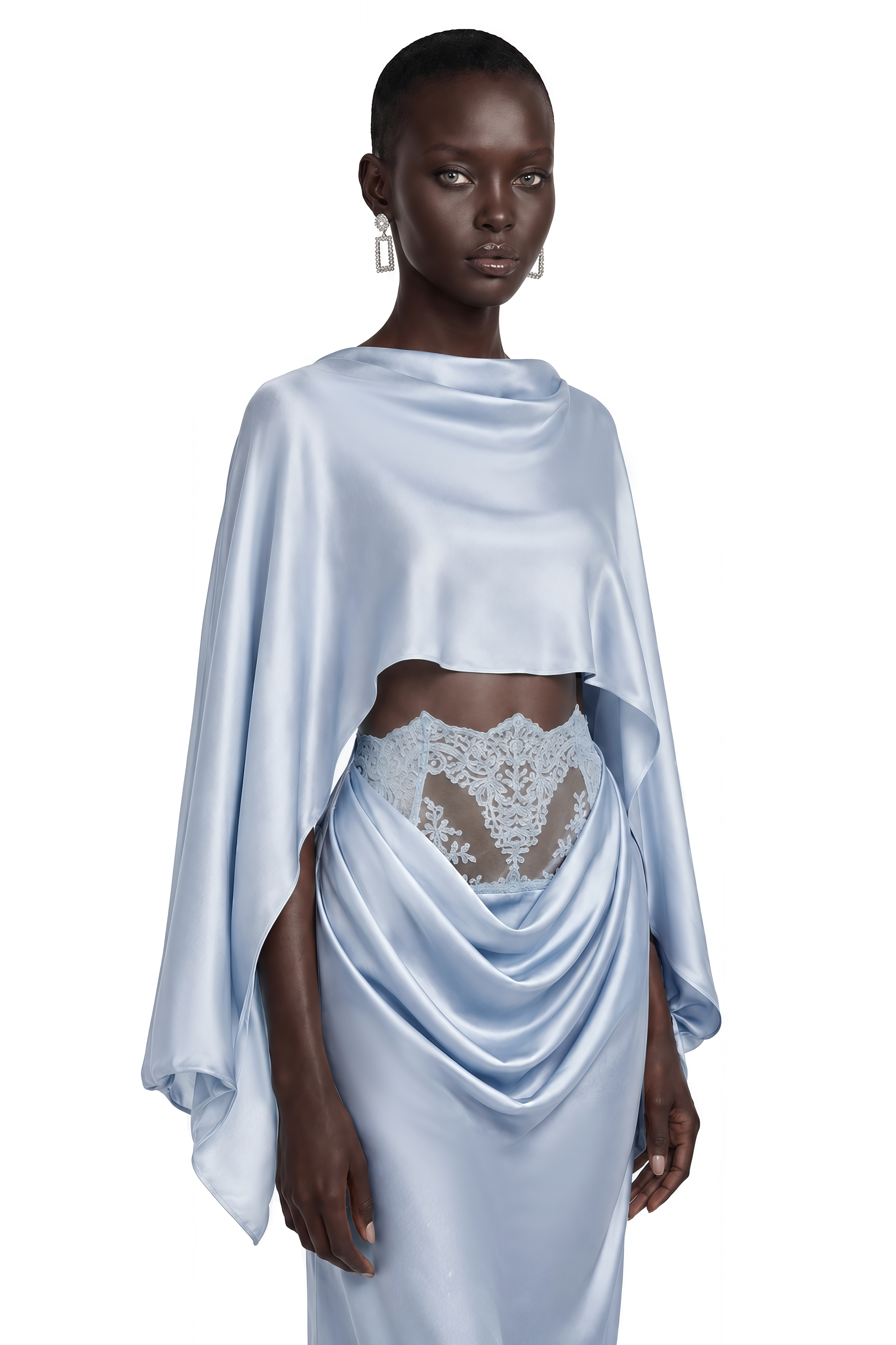 Amelia Blue Cape Top & Draped Skirt Set with Lace Panels
