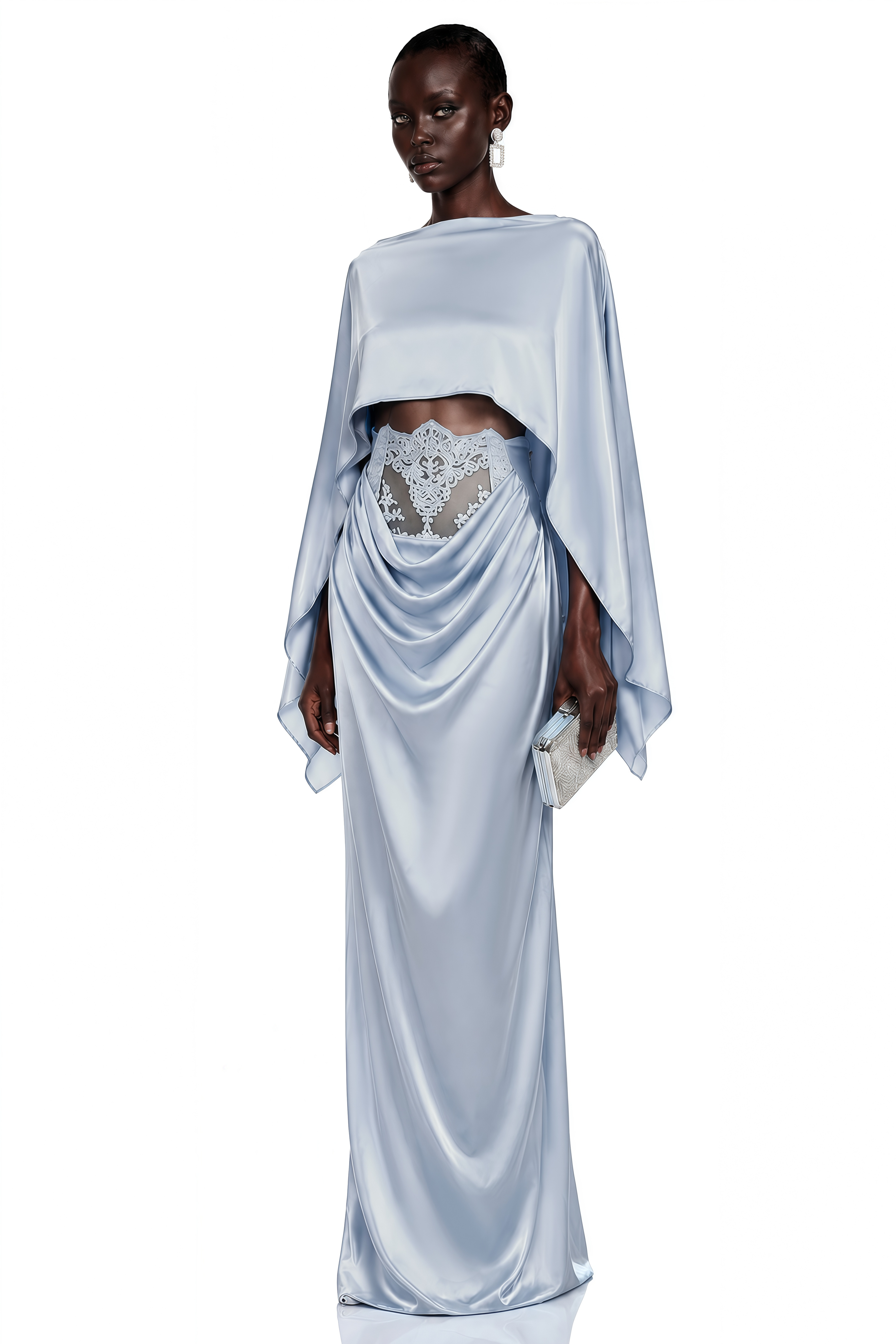 Amelia Blue Cape Top & Draped Skirt Set with Lace Panels