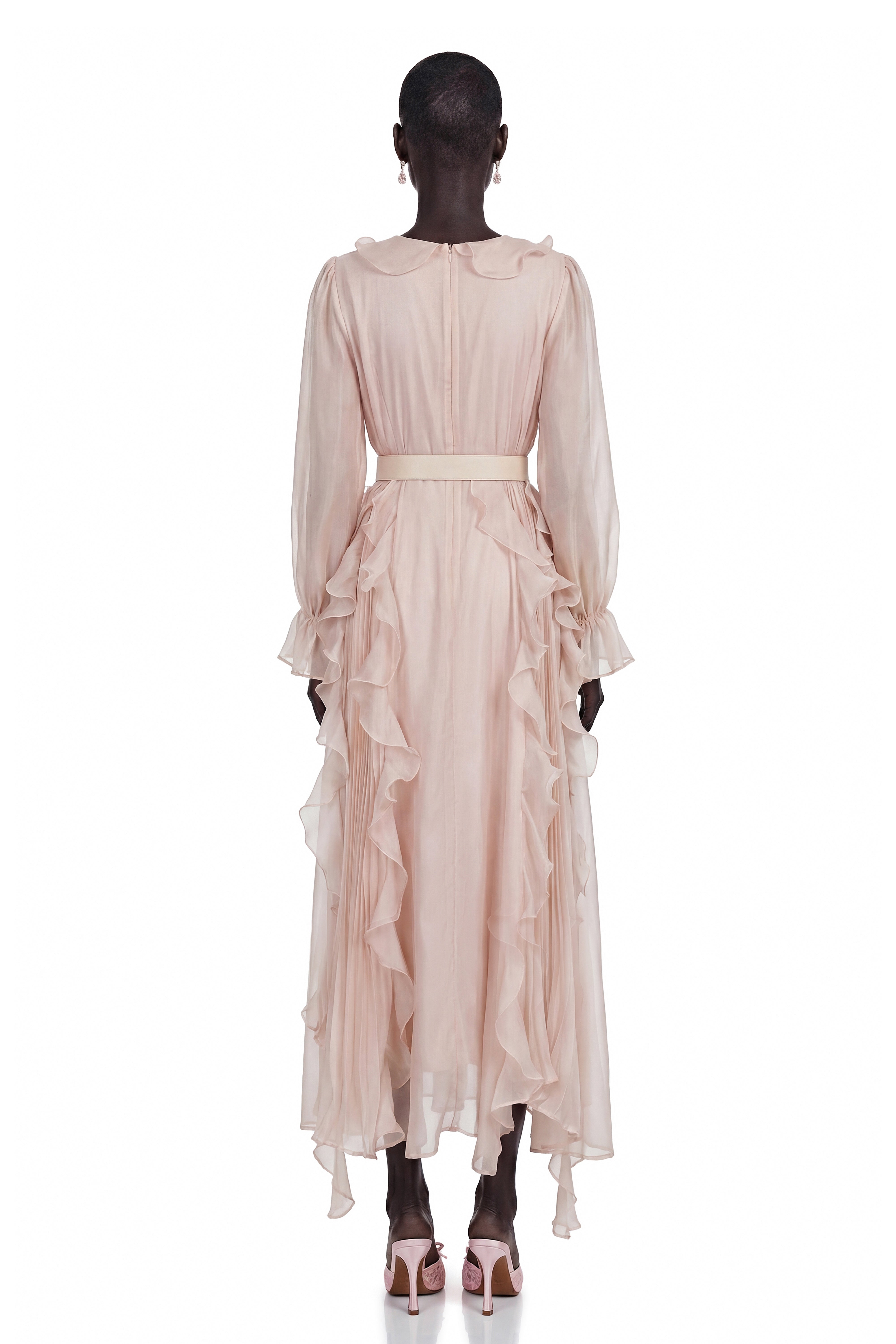 Amélie Pink V-Neck Floral Ruffled Maxi Dress With Bell Sleeves