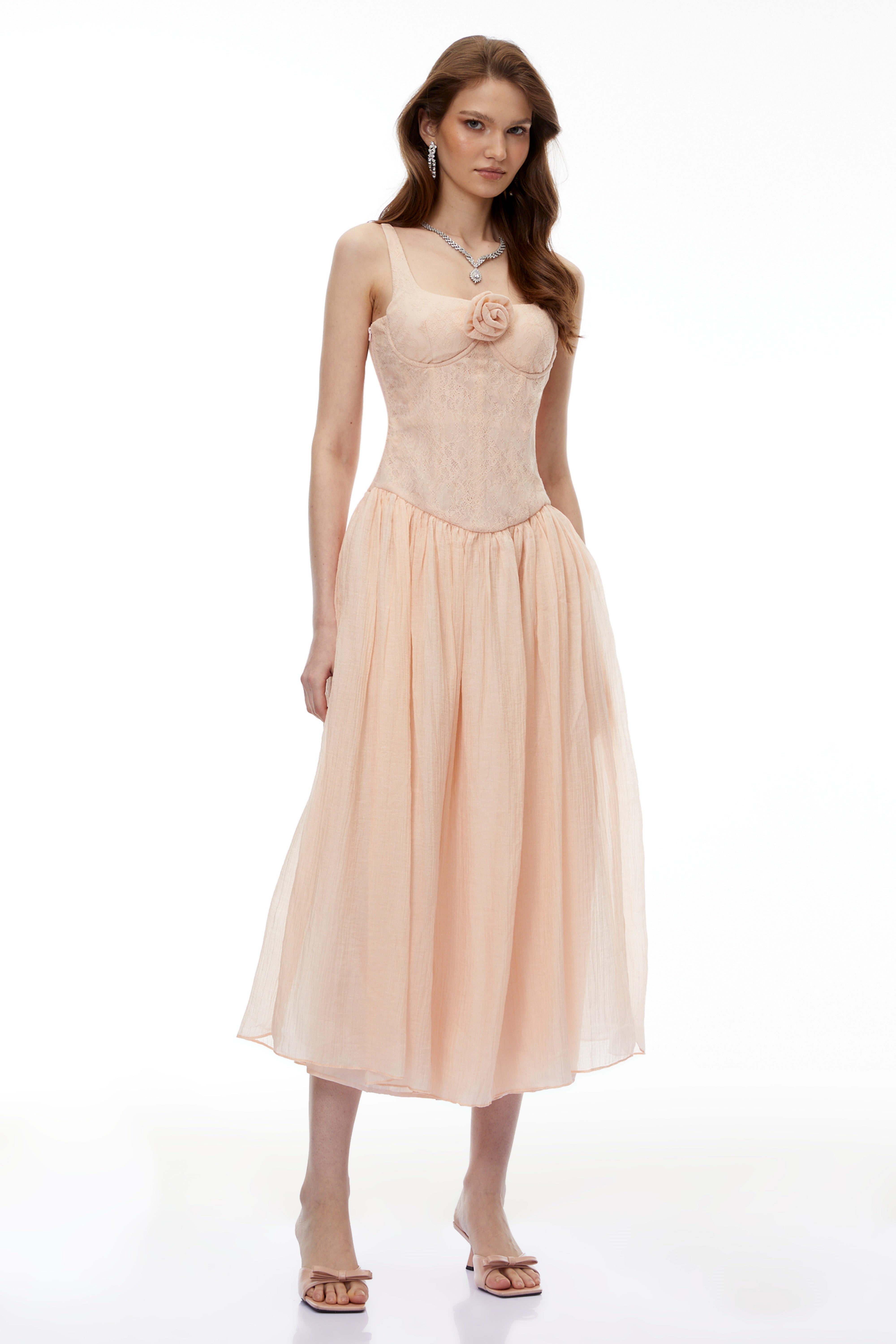 Amina Pink Floral Lace Midi Dress with Panels (Final Sale)