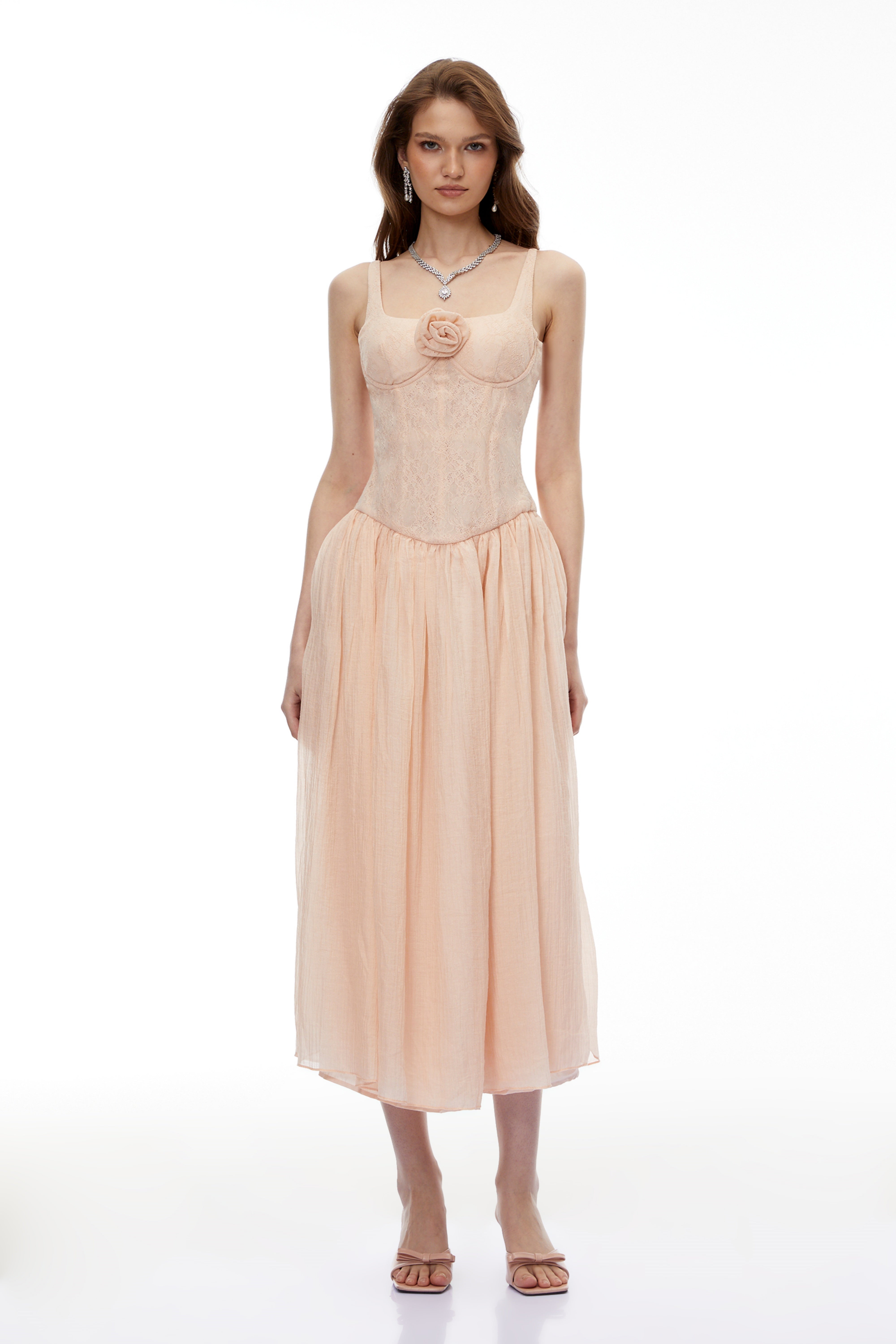 Amina Pink Floral Lace Midi Dress with Panels (Final Sale)