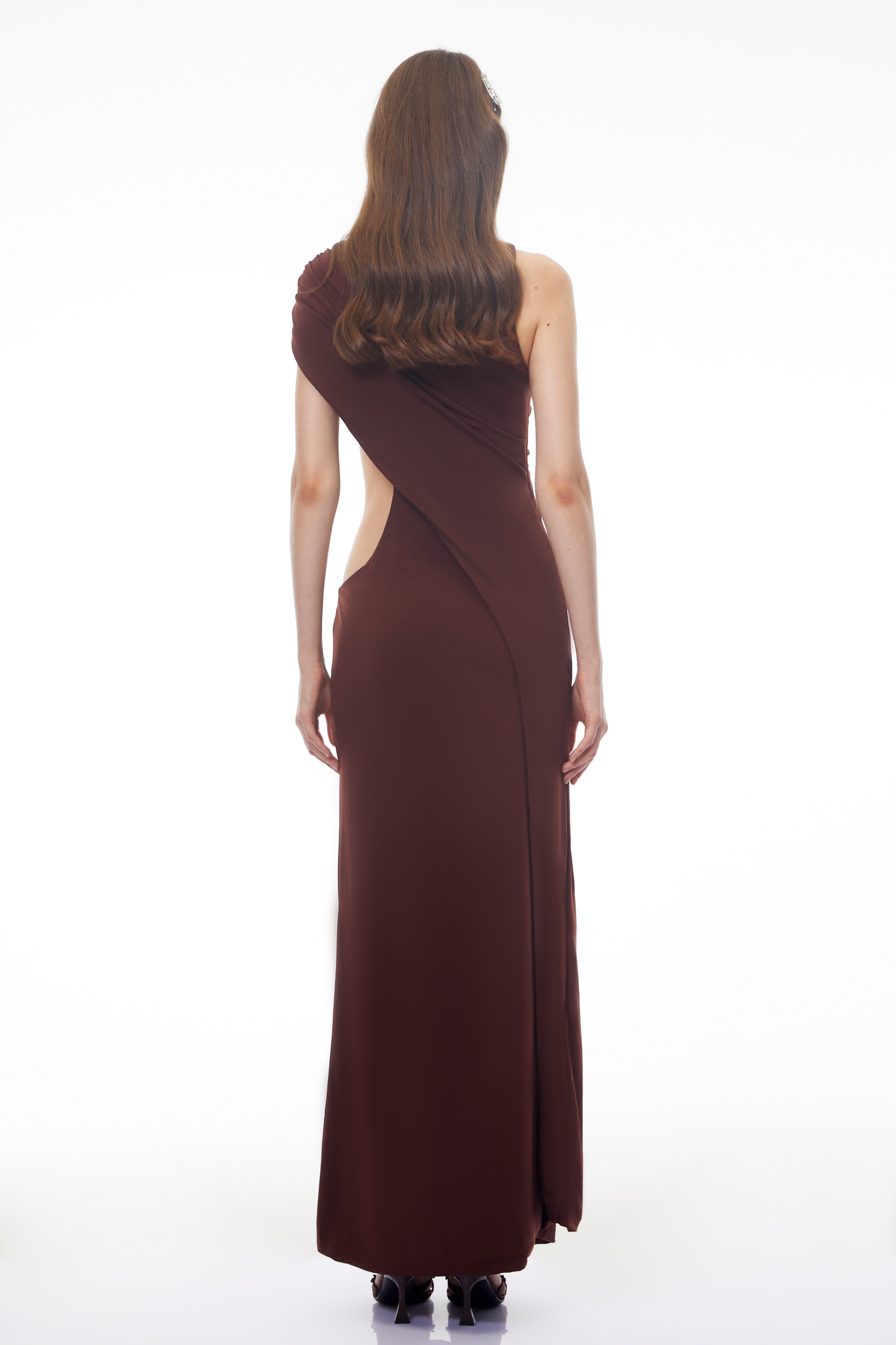 Amore Chocolate Brown One Shoulder Ruched Maxi Dress