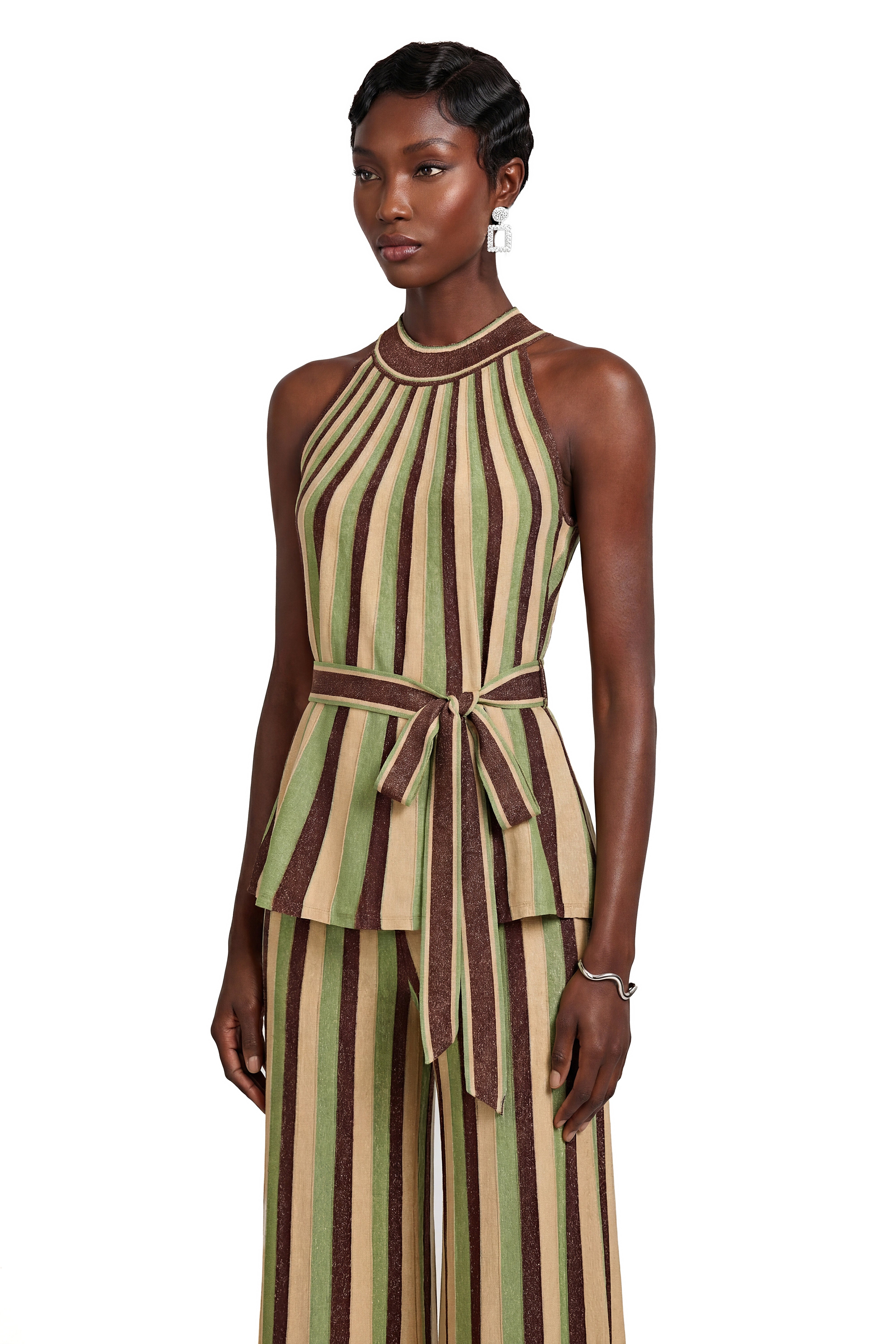Anastasia Green Stripe Pattern Top & Trousers Matching Set