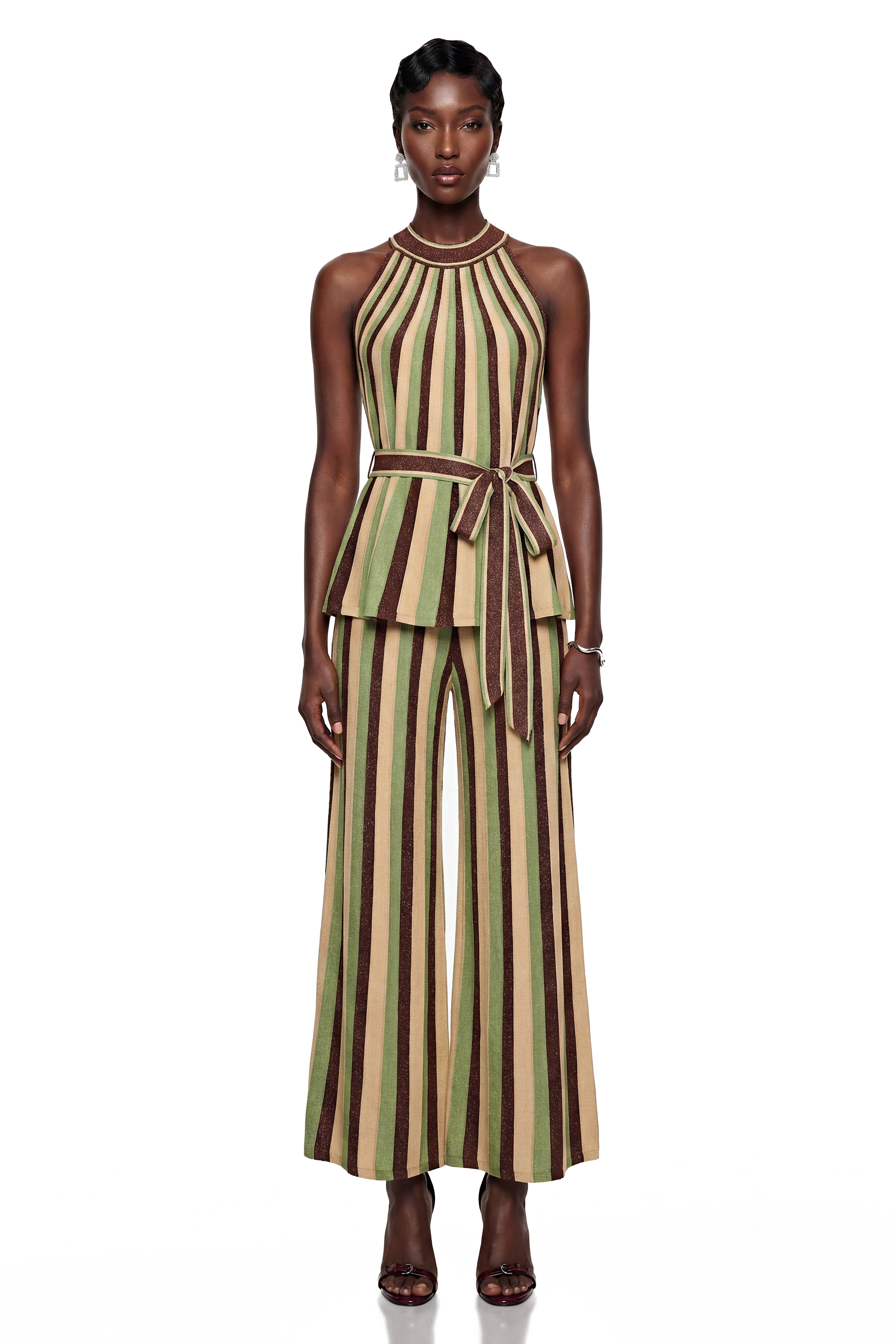 Anastasia Green Stripe Pattern Top & Trousers Matching Set