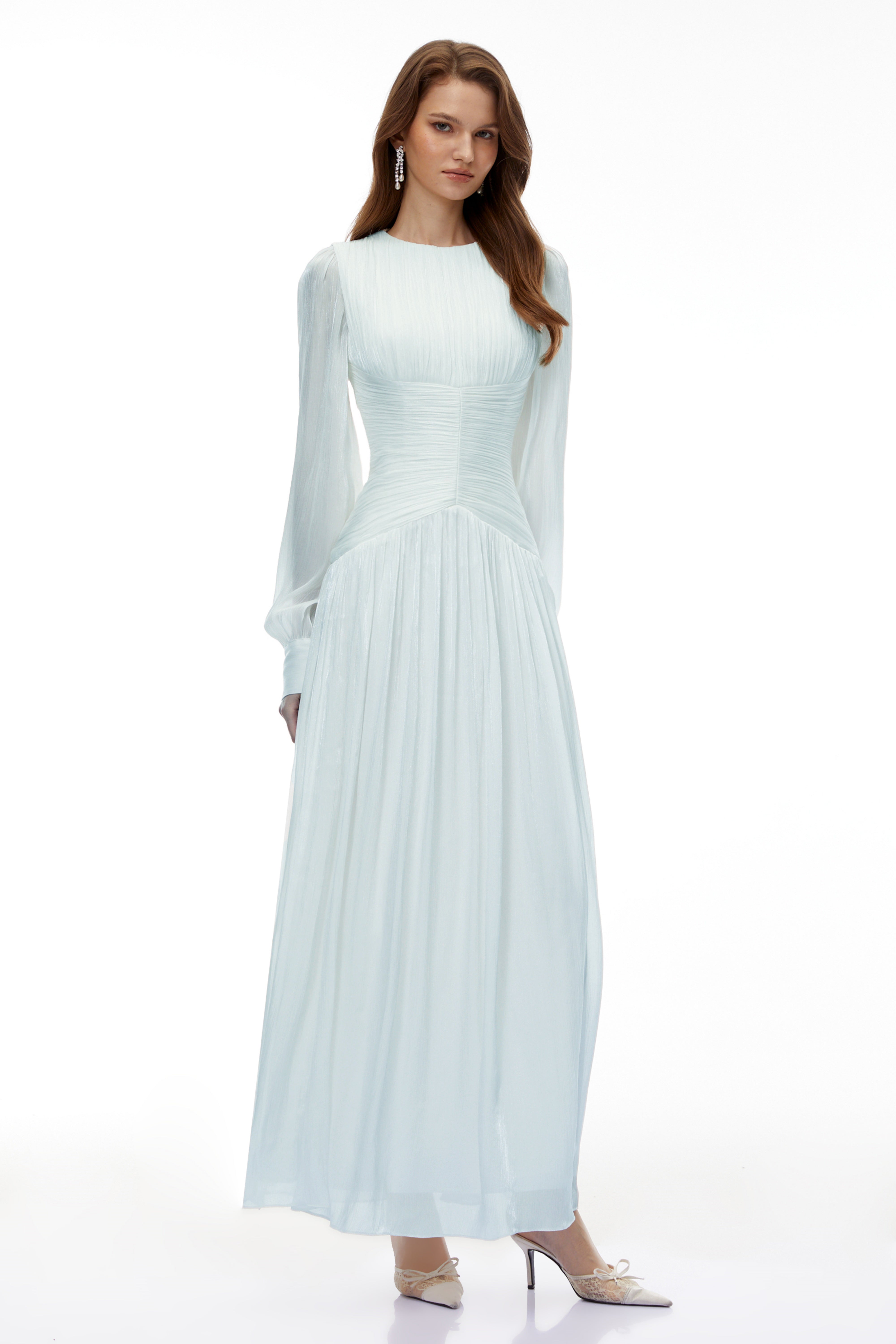 Aneka Green High Neck Glossy Ruched Maxi Dress