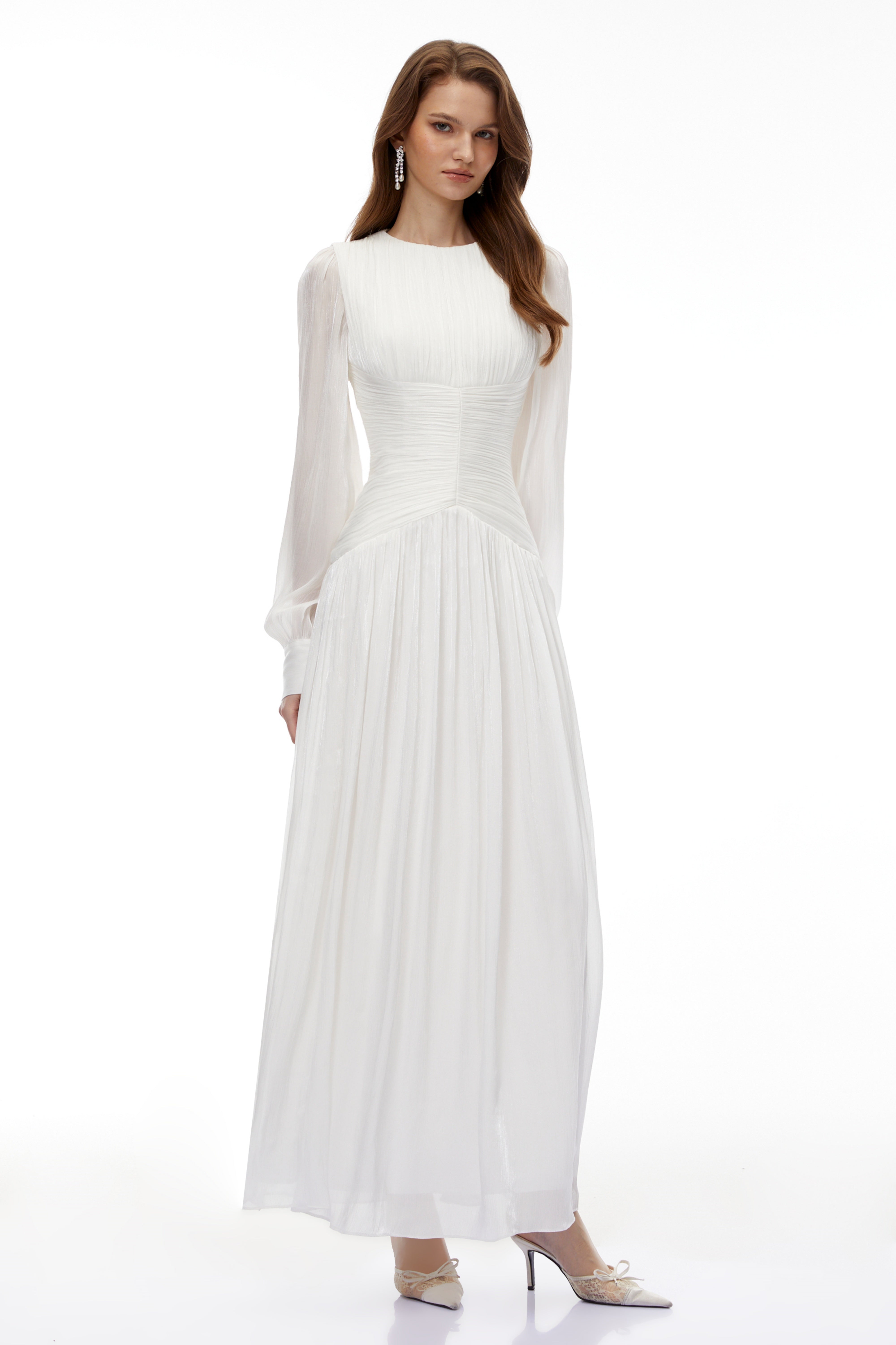 Aneka White High Neck Glossy Ruched Maxi Dress
