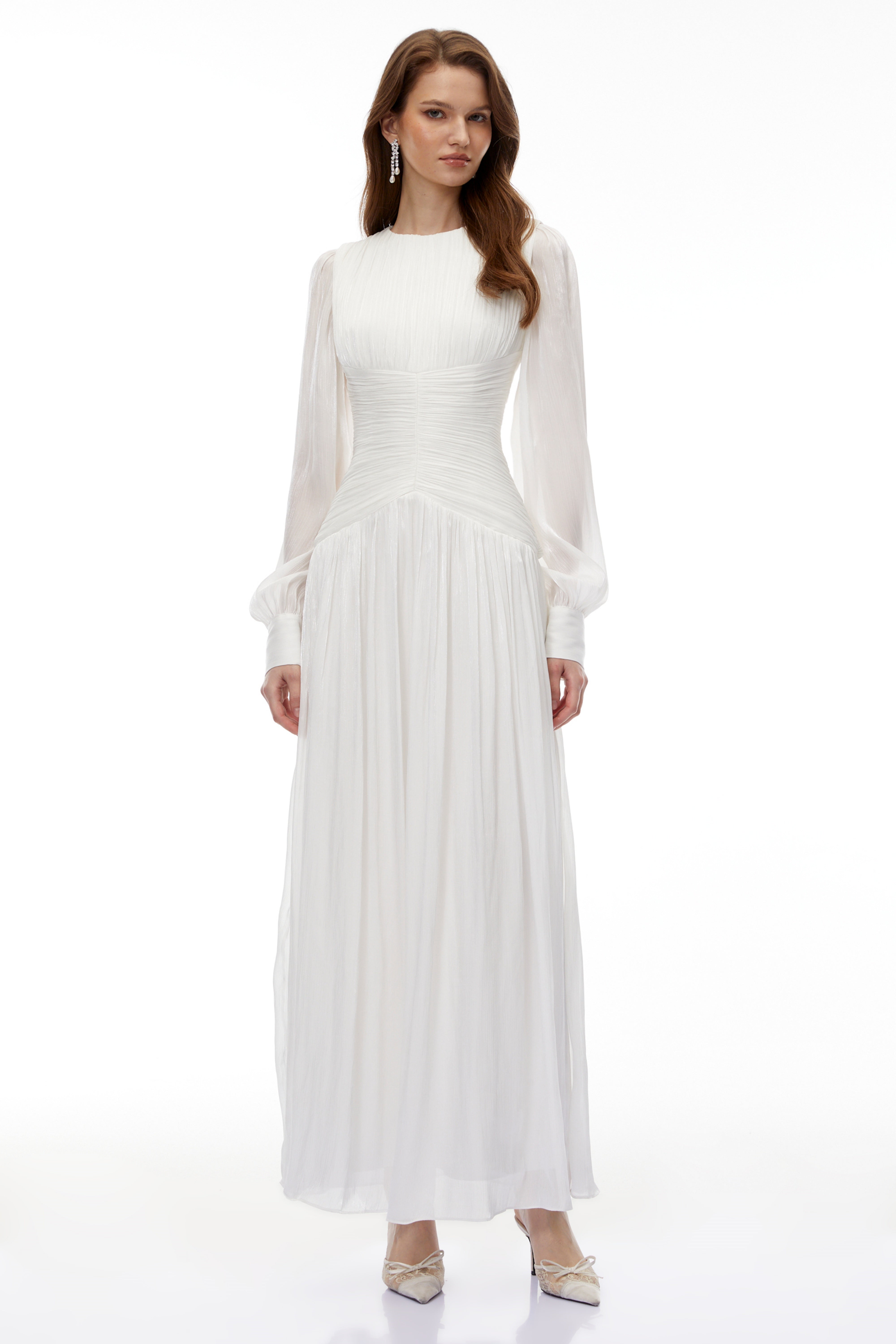 Aneka White High Neck Glossy Ruched Maxi Dress