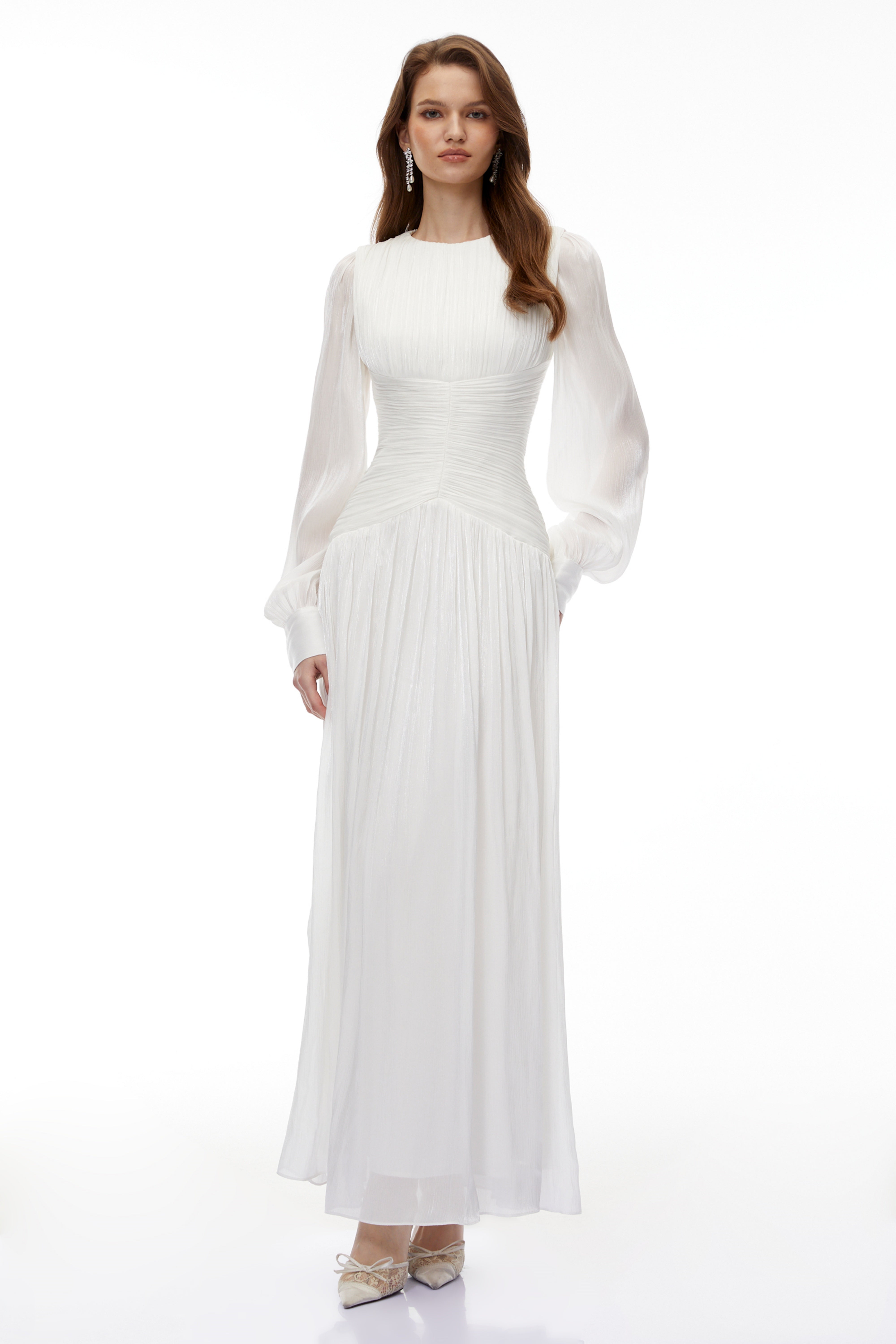 Aneka White High Neck Glossy Ruched Maxi Dress