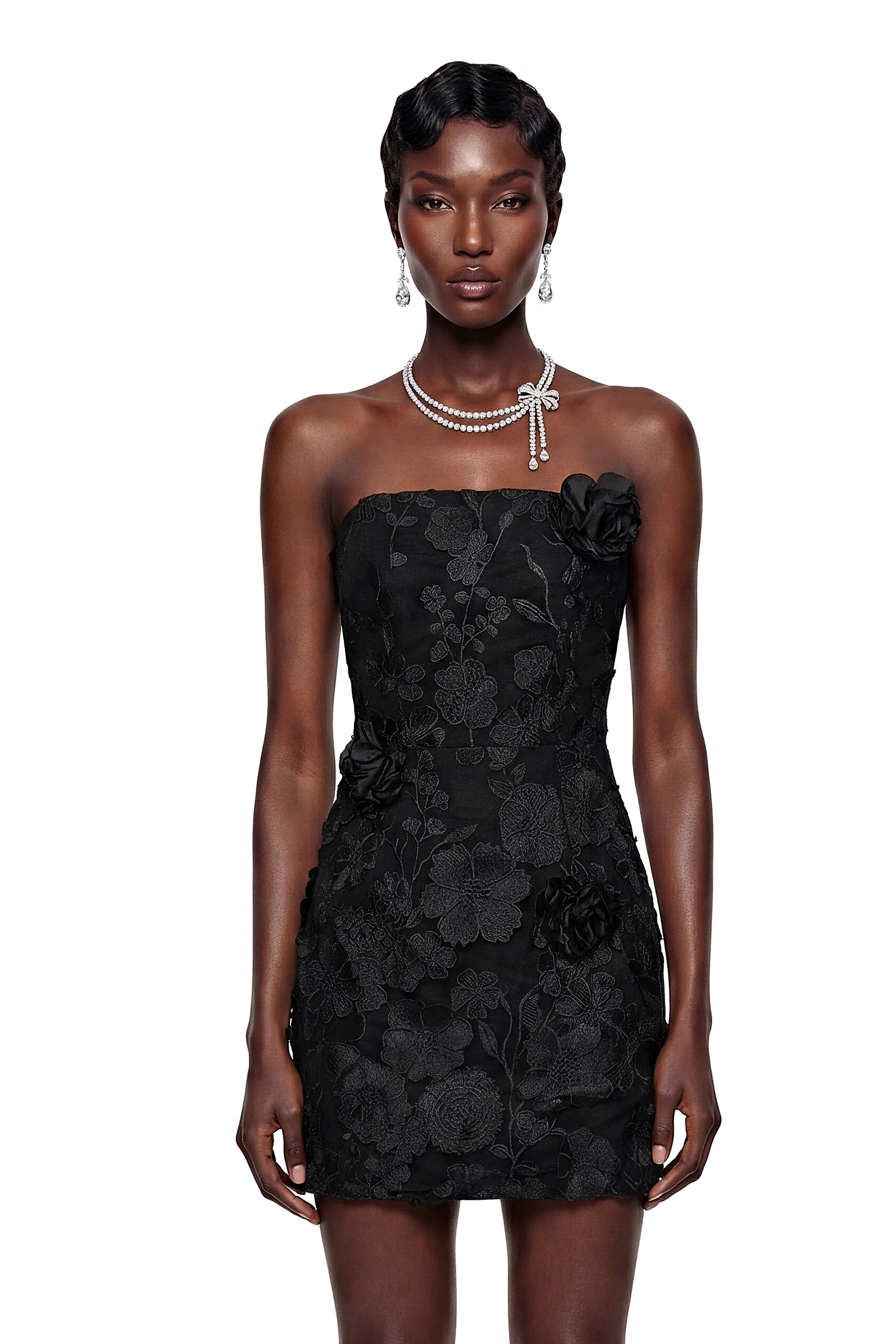 Anette Black Off Shoulder Mini Dress with 3D Petals