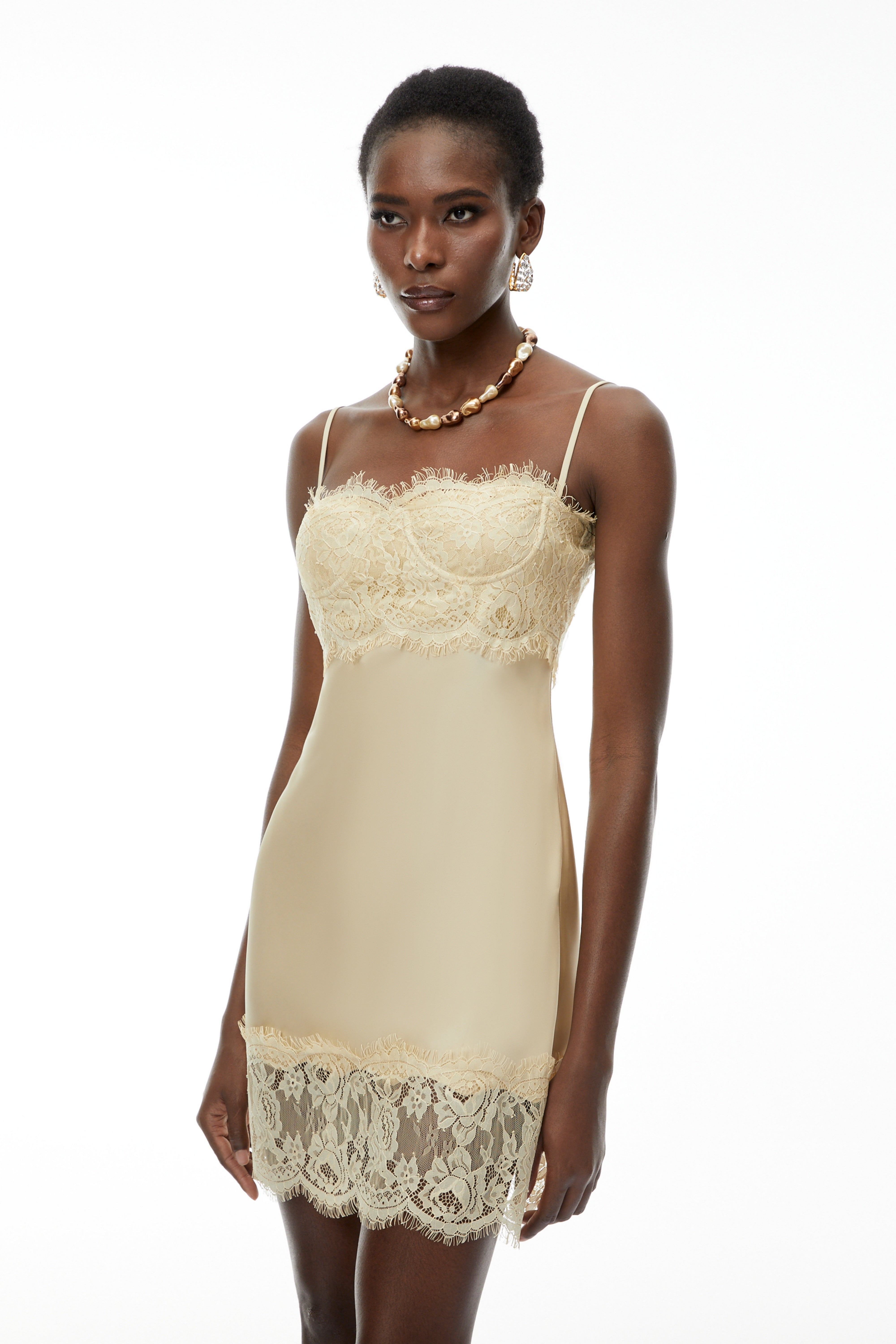 Anjelica Champagne Satin Mini Dress with Lace Panels (Final Sale)