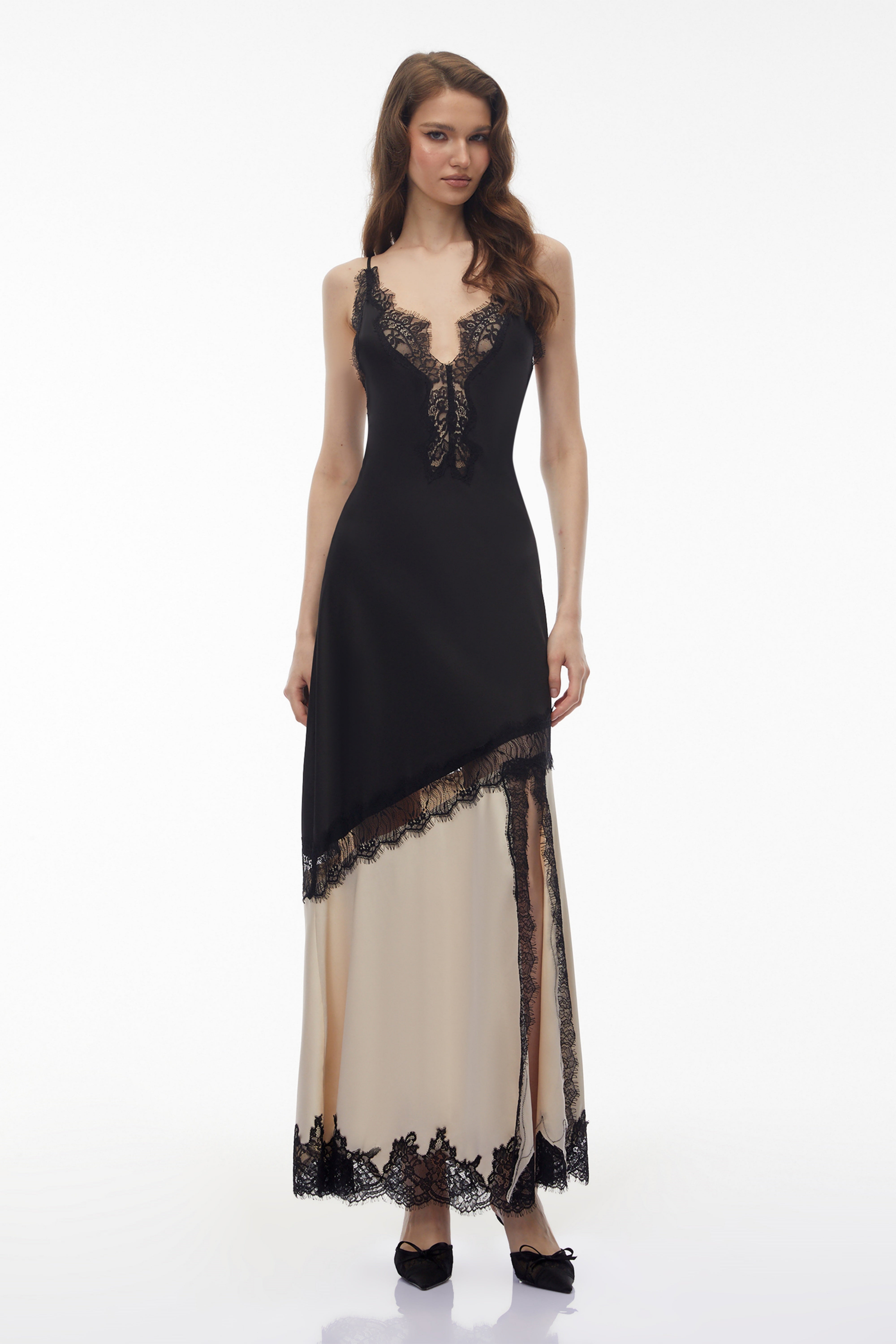 Annabelle Black V-neck Lace Trim Panelled Slit Maxi Dress
