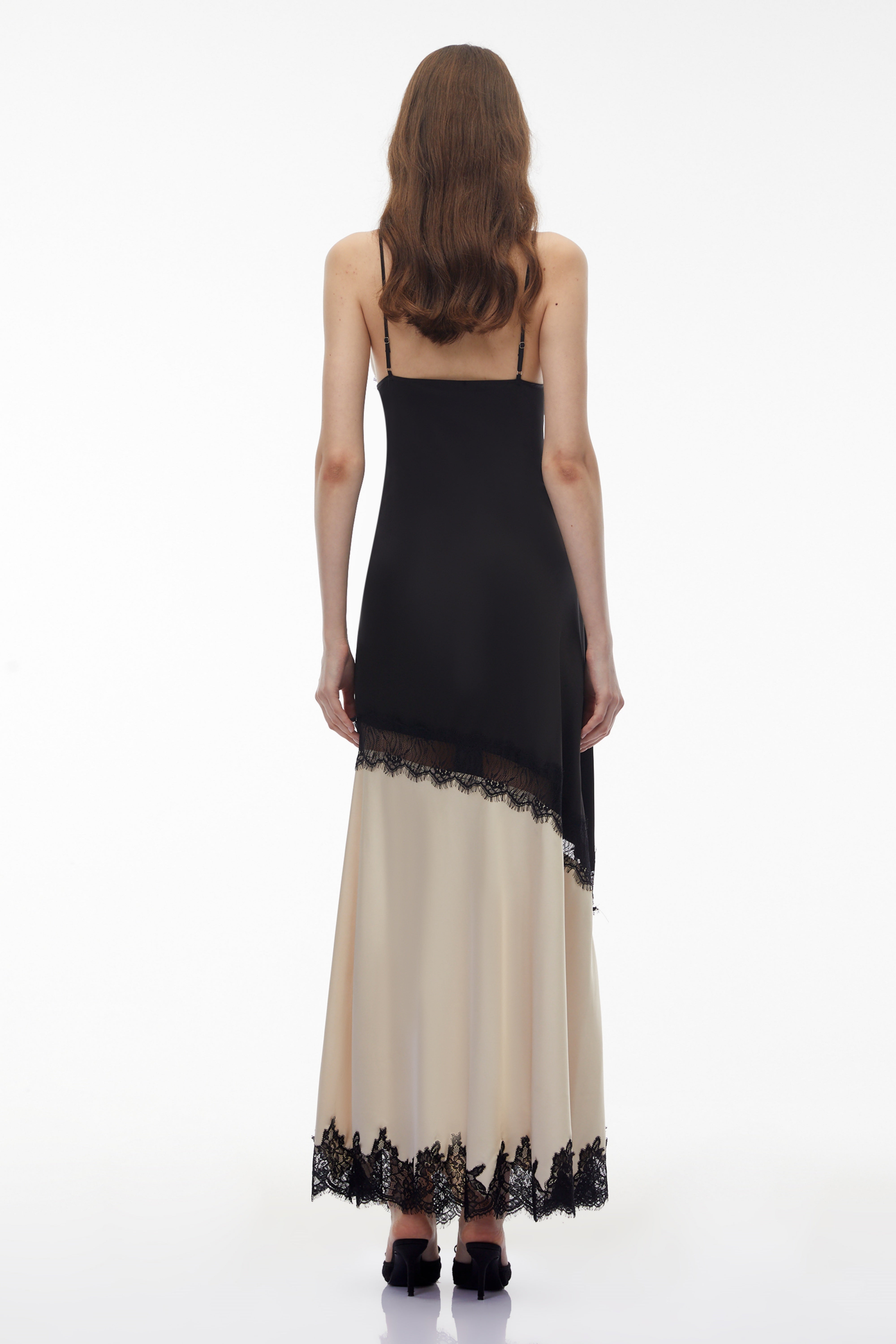 Annabelle Black V-neck Lace Trim Panelled Slit Maxi Dress