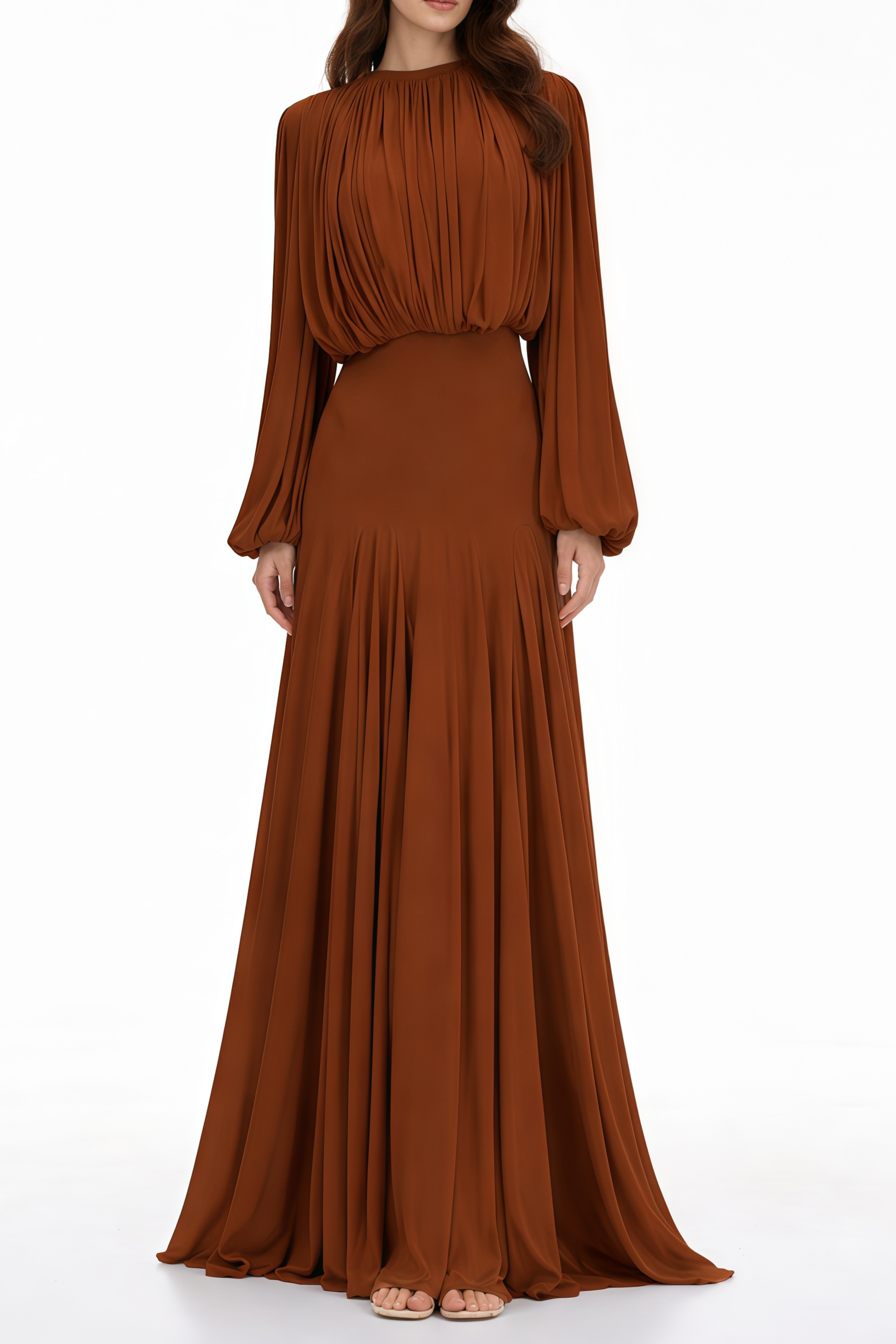 Annabelle Brown Lantern Sleeve Pleated Maxi Dress (Final Sale-US Only)