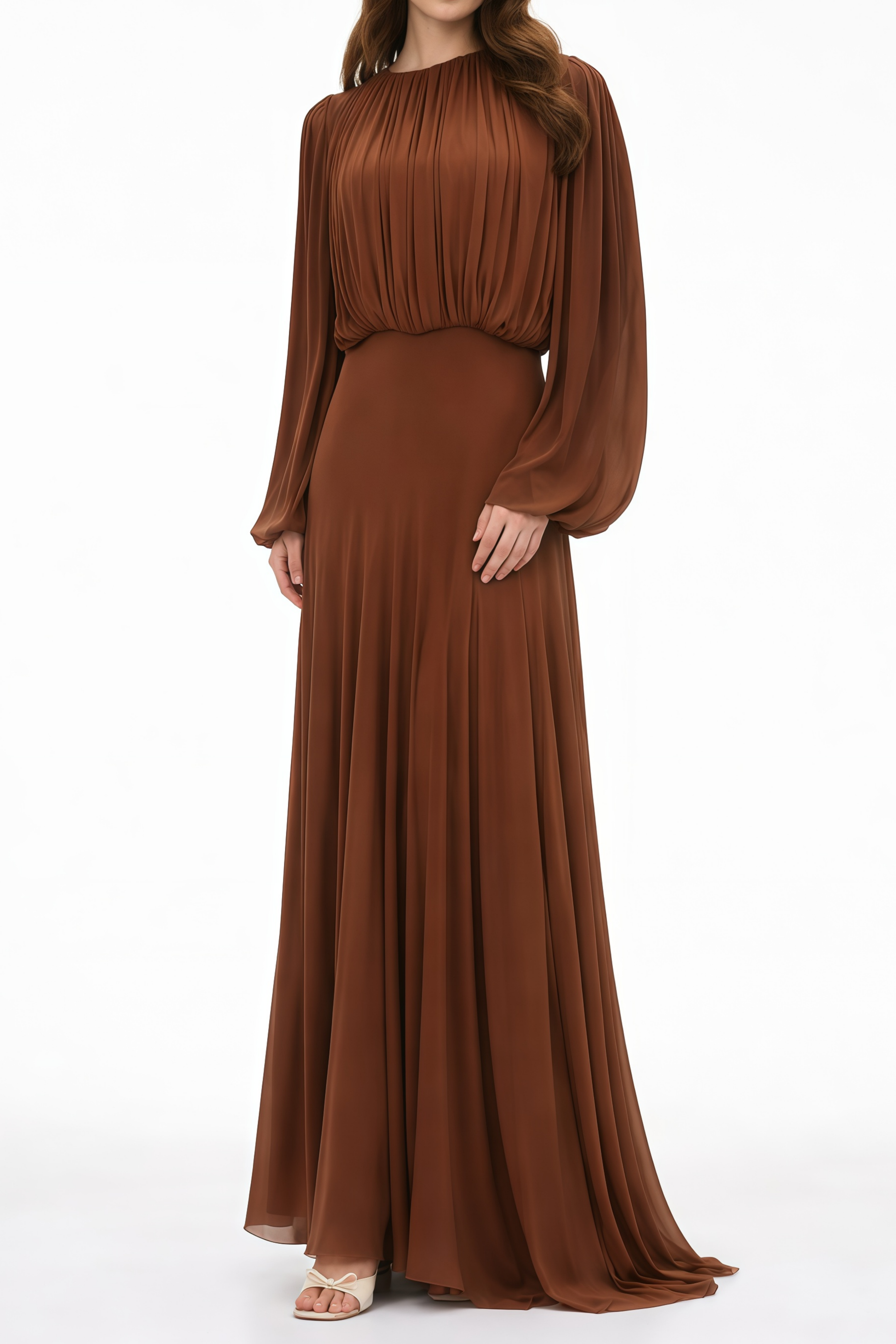 Annabelle Brown Lantern Sleeve Pleated Maxi Dress (Final Sale-US Only)