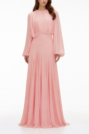 Annabelle Pink Lantern Sleeve Pleated Maxi Dress