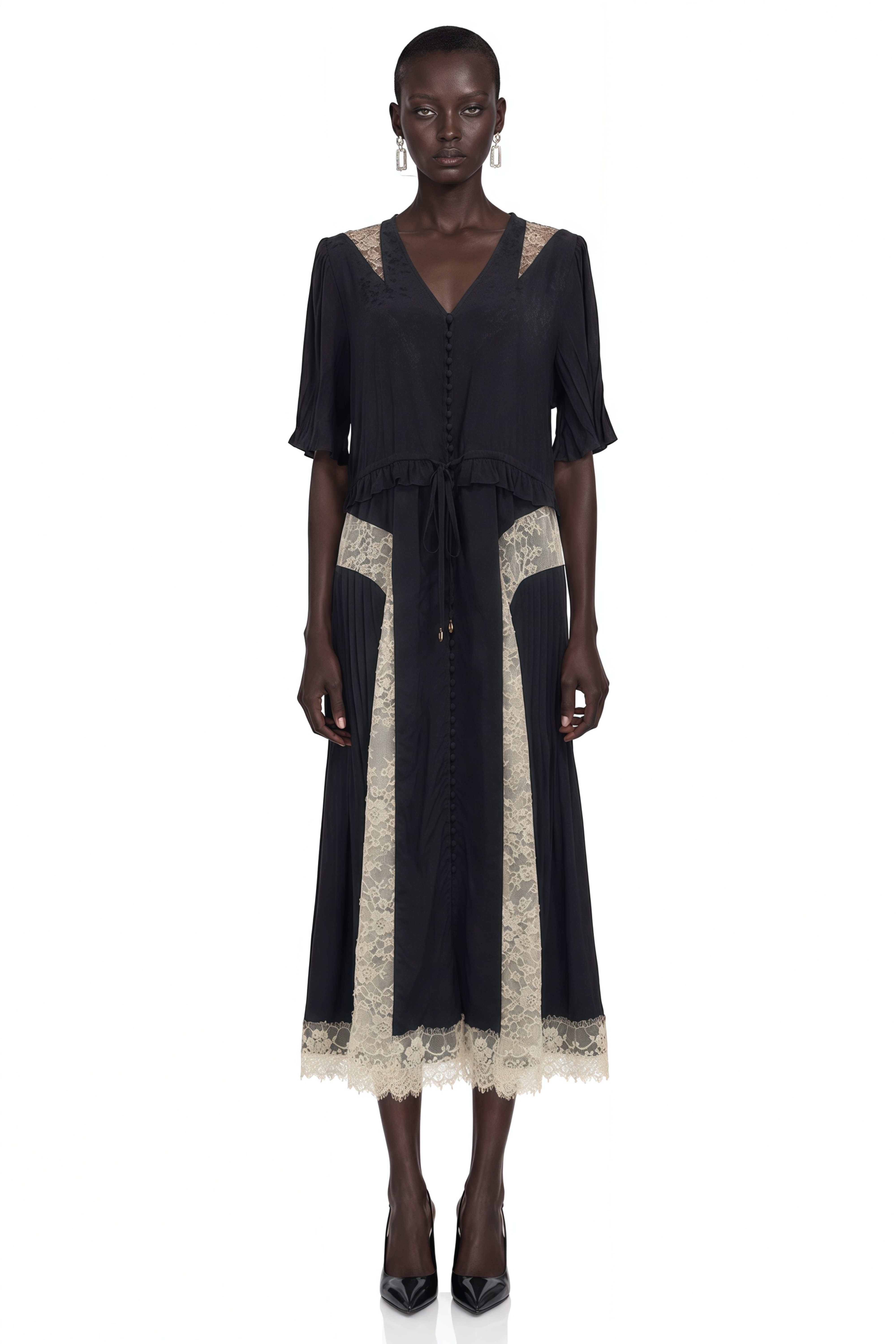 Annabeth Black V-Neck Midi Dress with Lace Panels