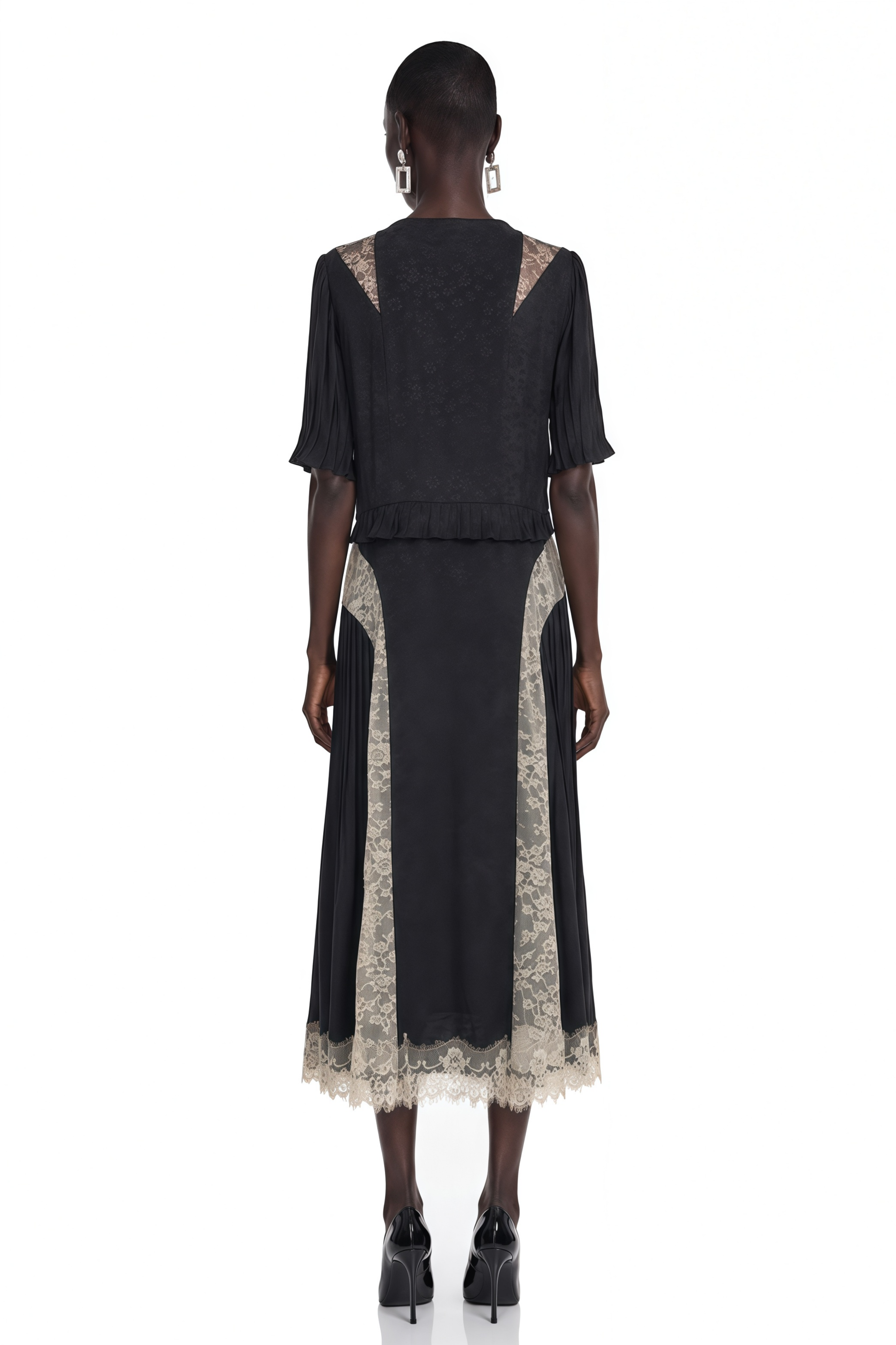 Annabeth Black V-Neck Midi Dress with Lace Panels