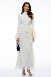Anneke White Lace Ruched Maxi Dress with Flared Sleeves