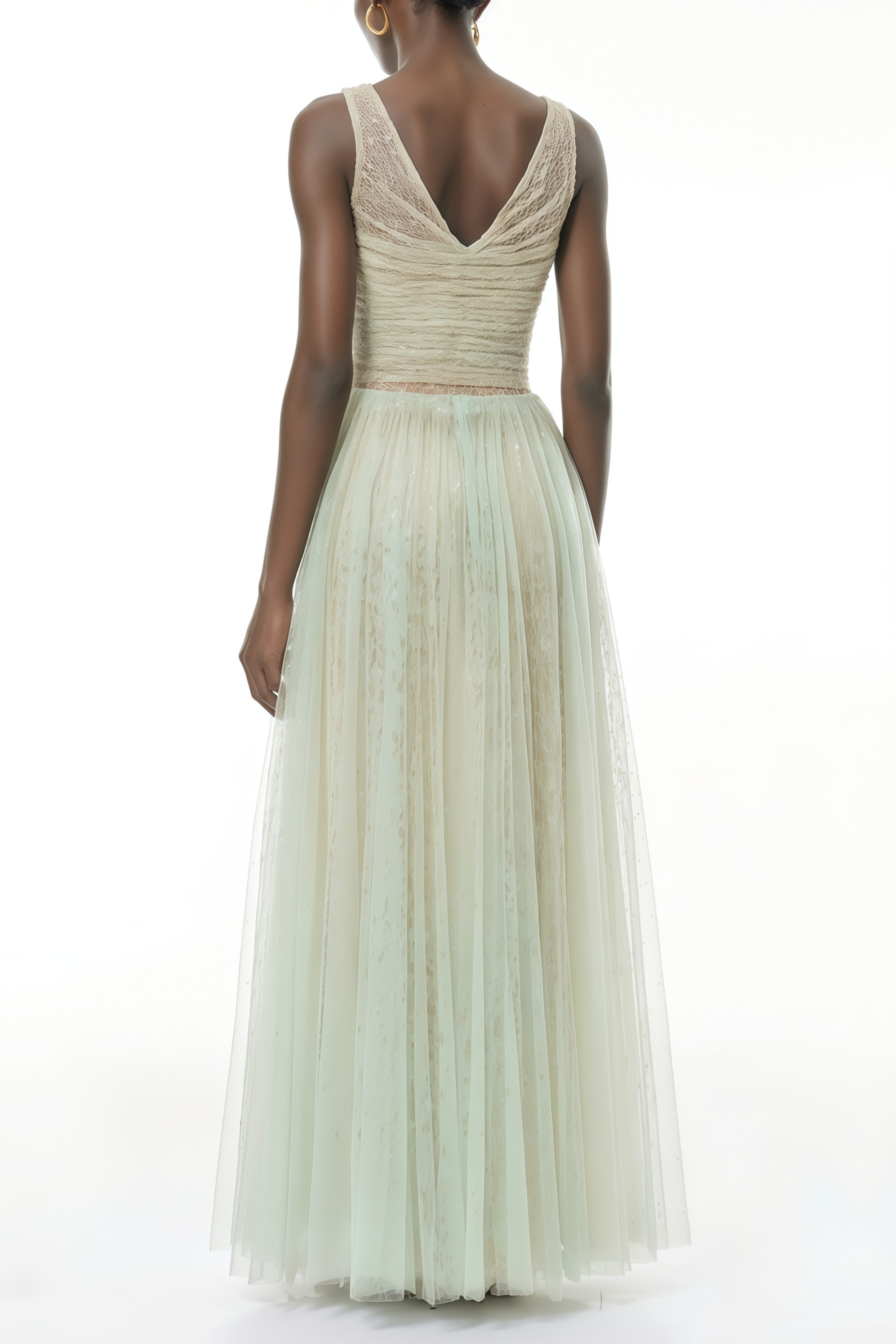 Annika Green Sequin Tulle Maxi Dress with Lace Panels