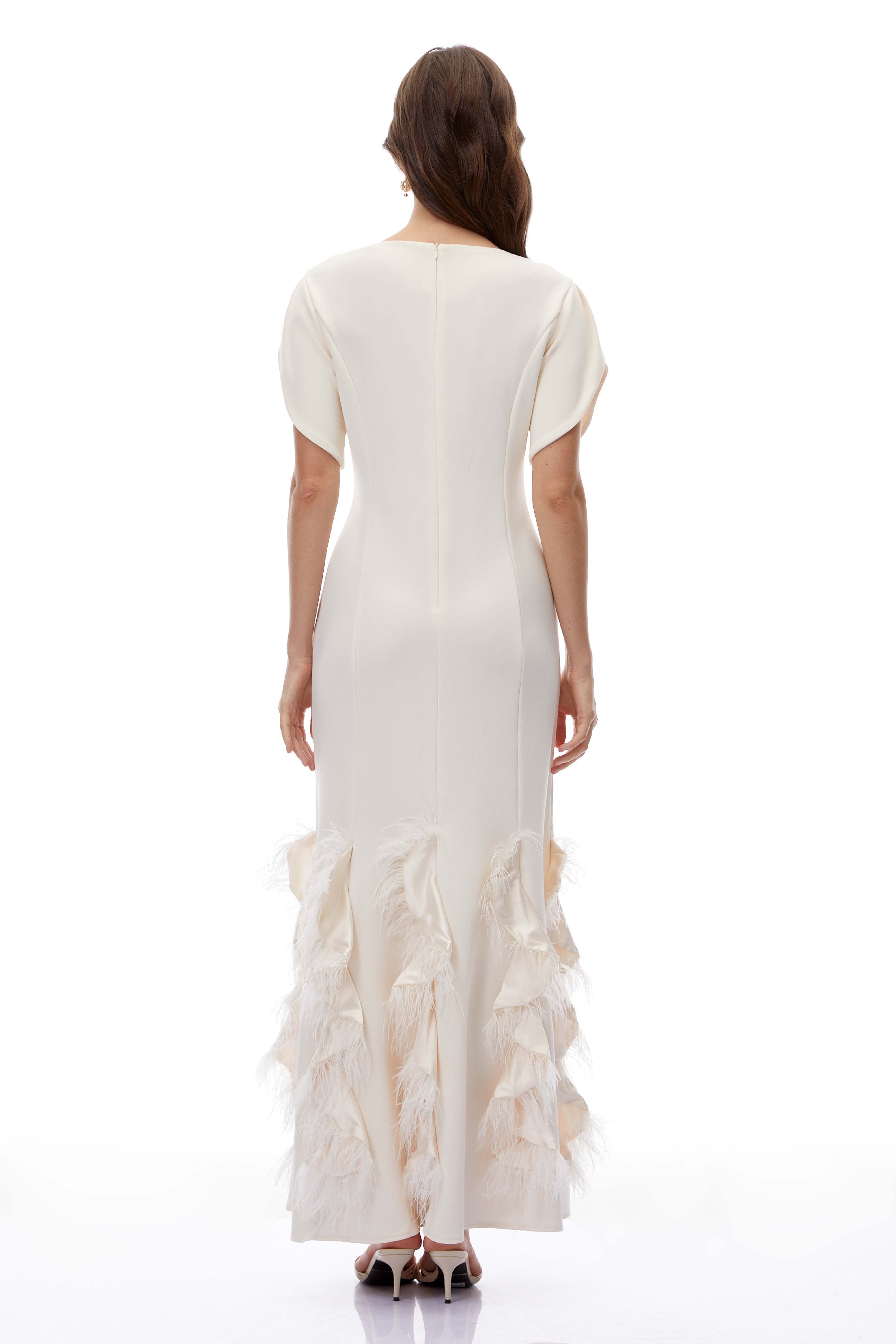 Annika White Ruffled Maxi Dress with Feather Trim