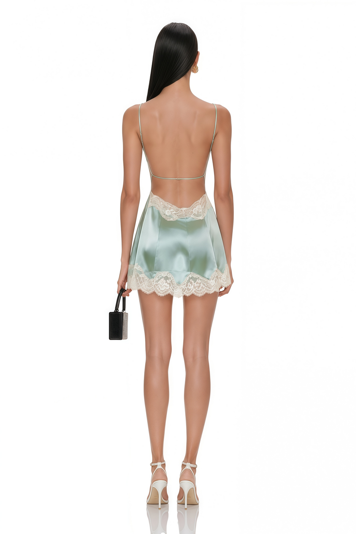 anouk sage green lace trim satin mini dress