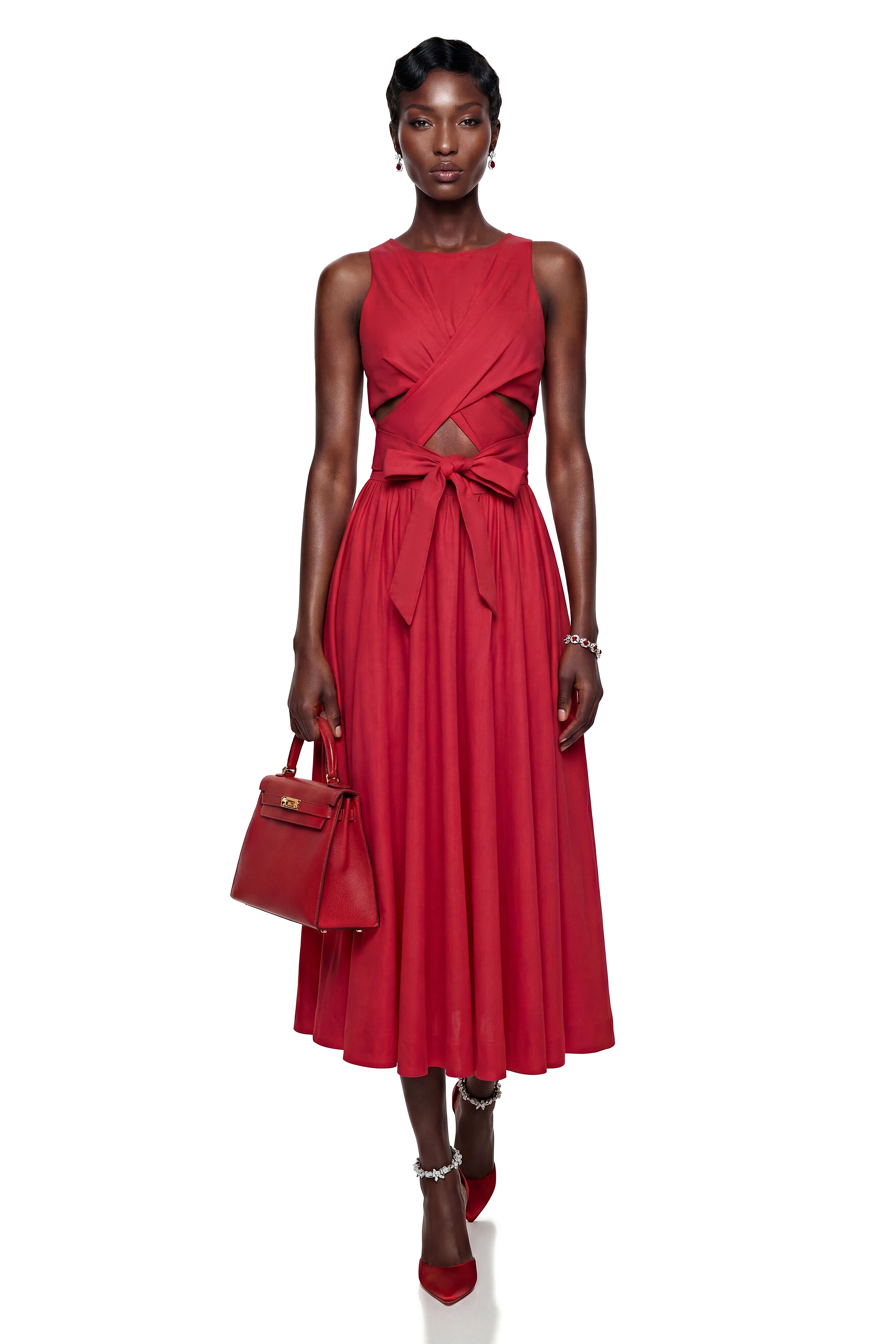 Antigone Red Halterneck Midi Dress with Cut-Outs