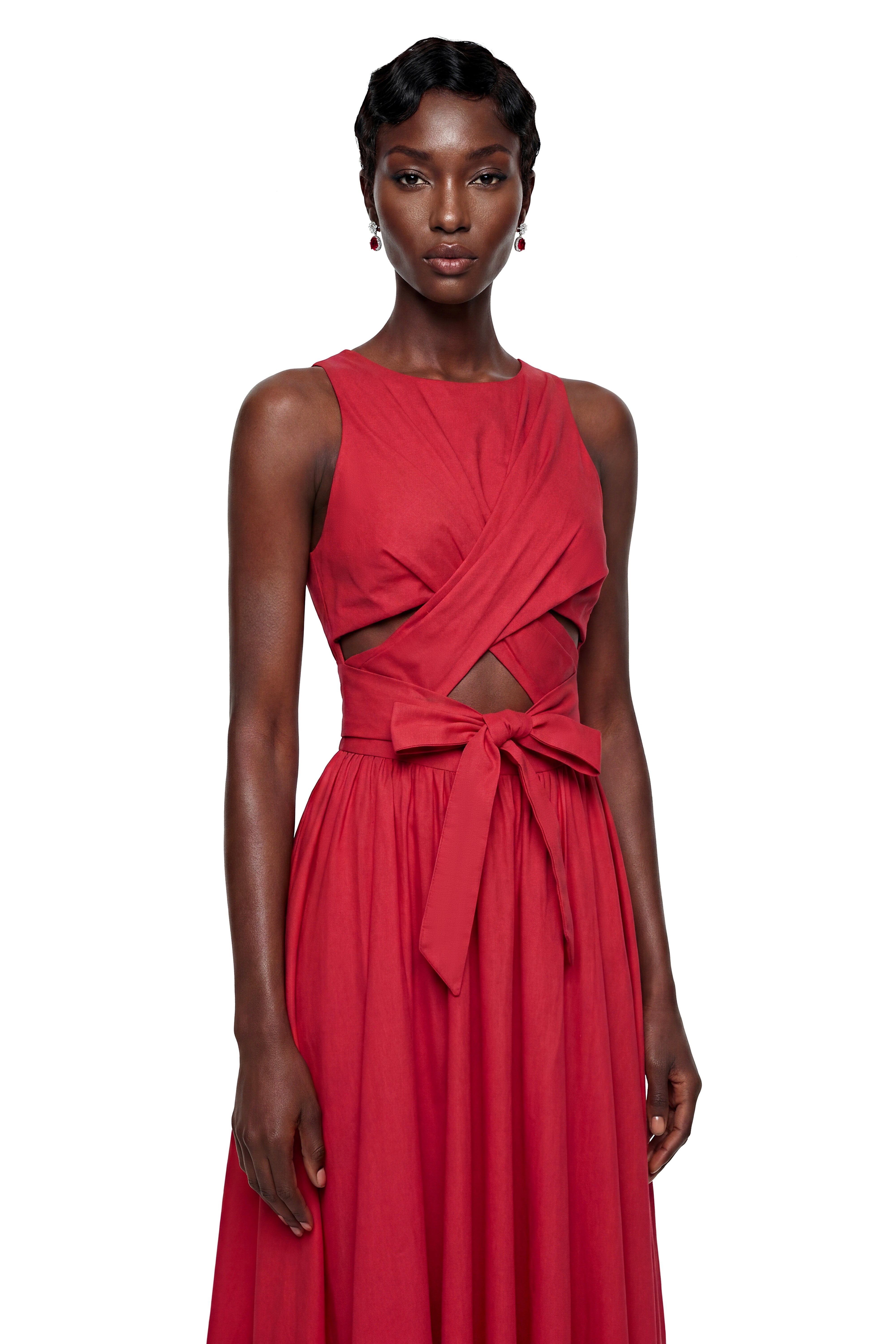 Antigone Red Halterneck Midi Dress with Cut-Outs