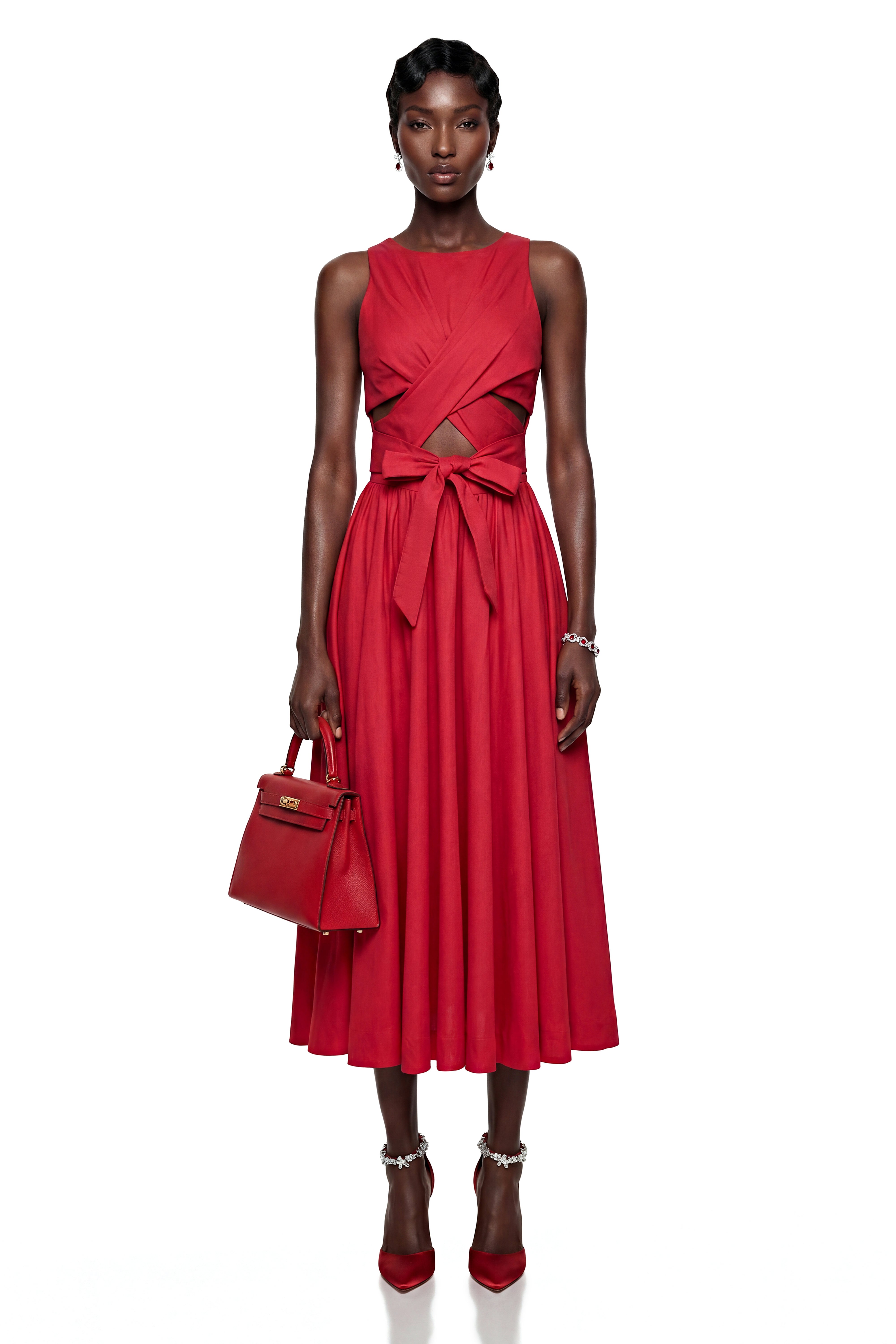 Antigone Red Halterneck Midi Dress with Cut-Outs