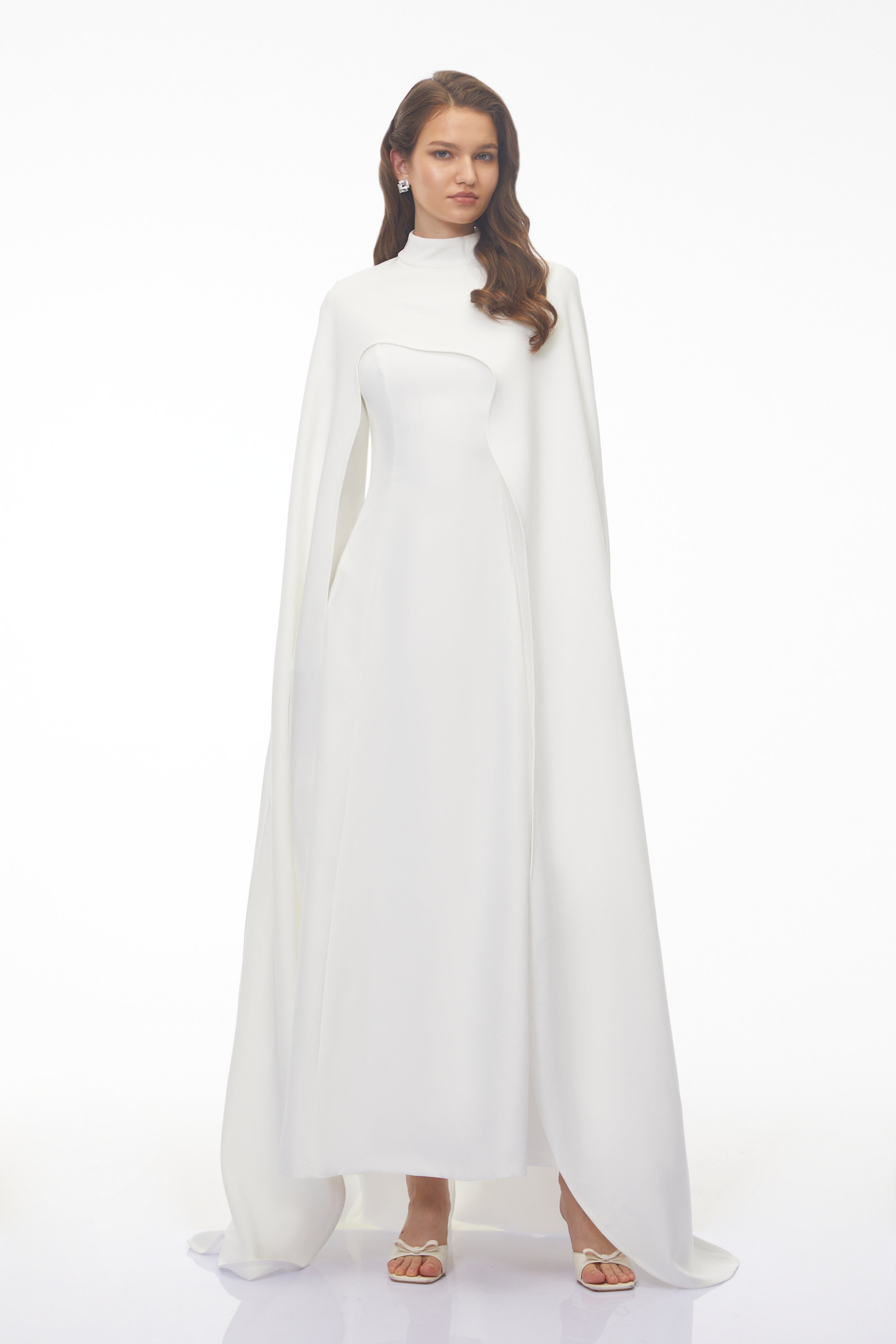 Antonina White Cape Maxi Gown with Long Sleeves