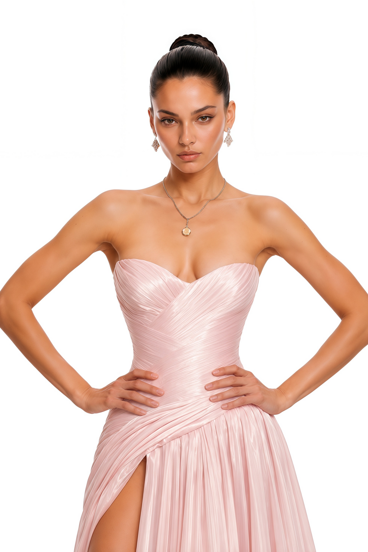 aoife pink sweetheart neckline slit ruched maxi dress