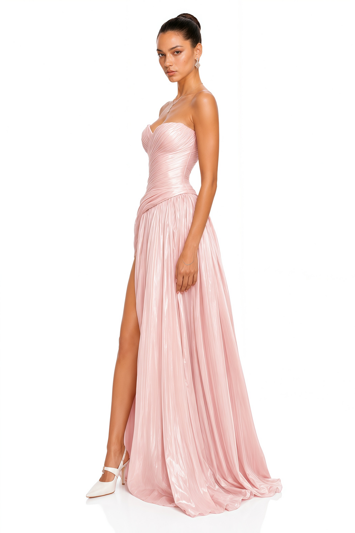 aoife pink sweetheart neckline slit ruched maxi dress
