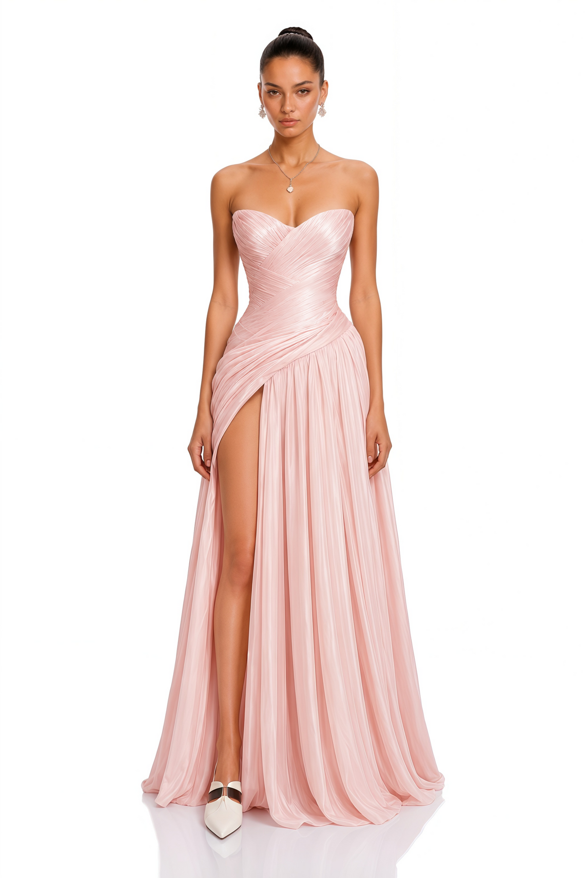 aoife pink sweetheart neckline slit ruched maxi dress
