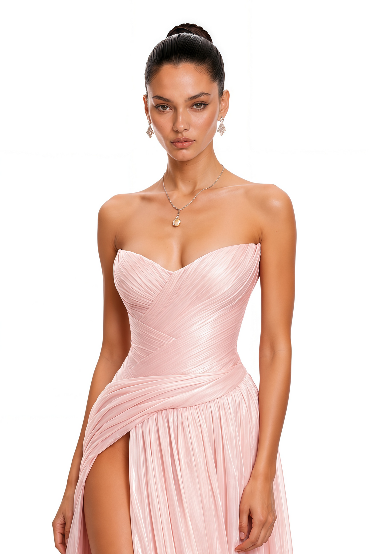 aoife pink sweetheart neckline slit ruched maxi dress