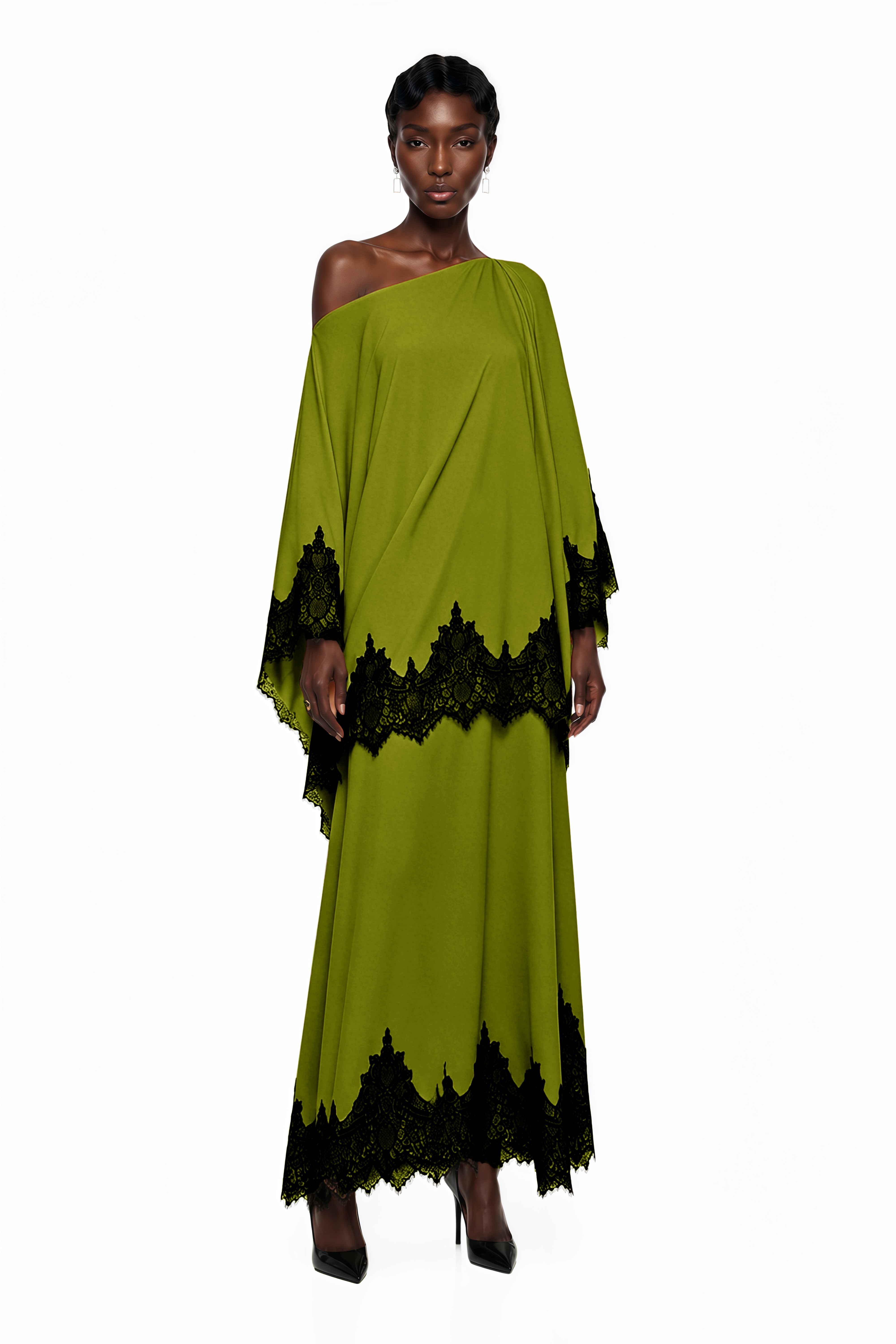 Aoraki Green One Shoulder Top & Skirt Set with Lace Trim