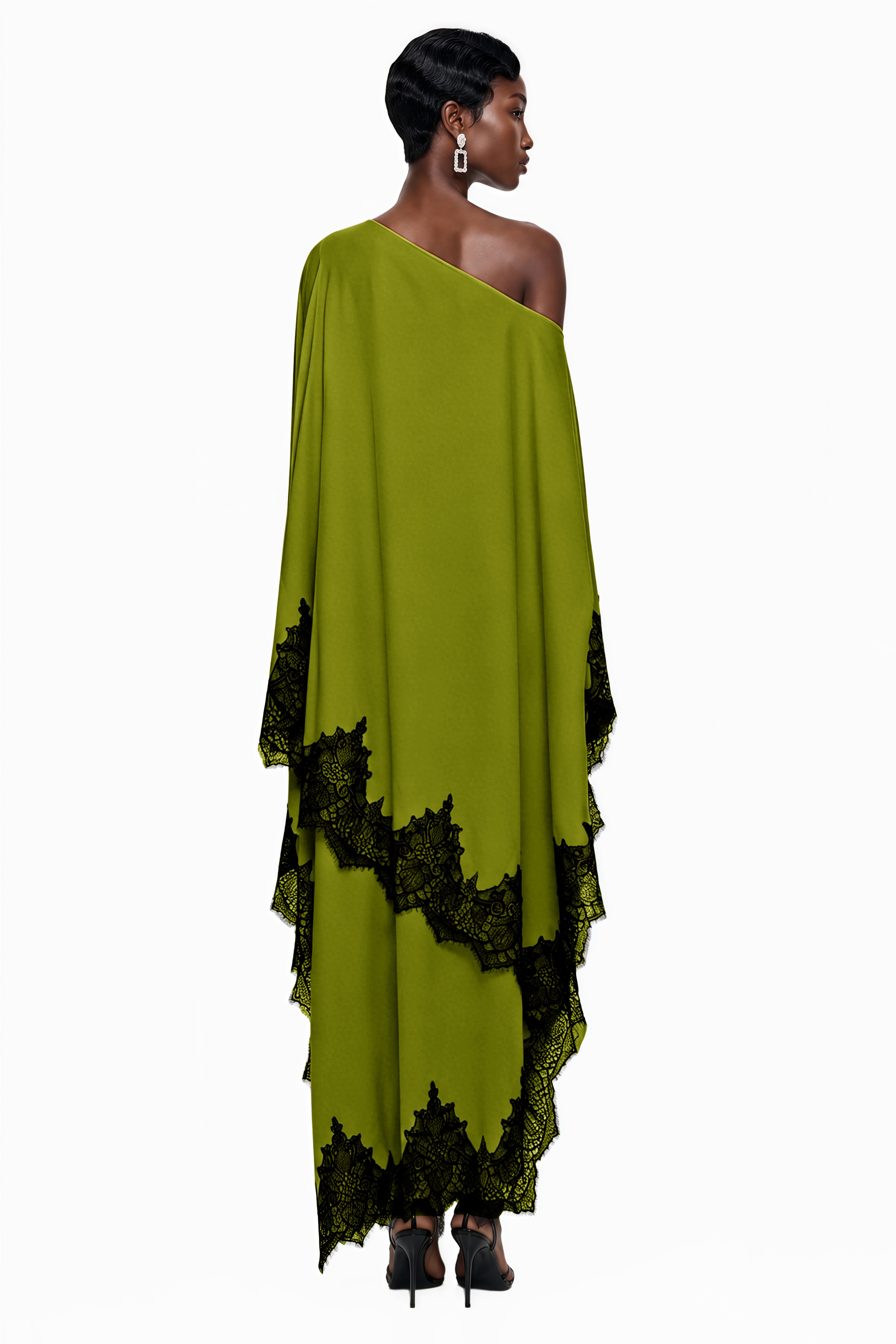 Aoraki Green One Shoulder Top & Skirt Set with Lace Trim